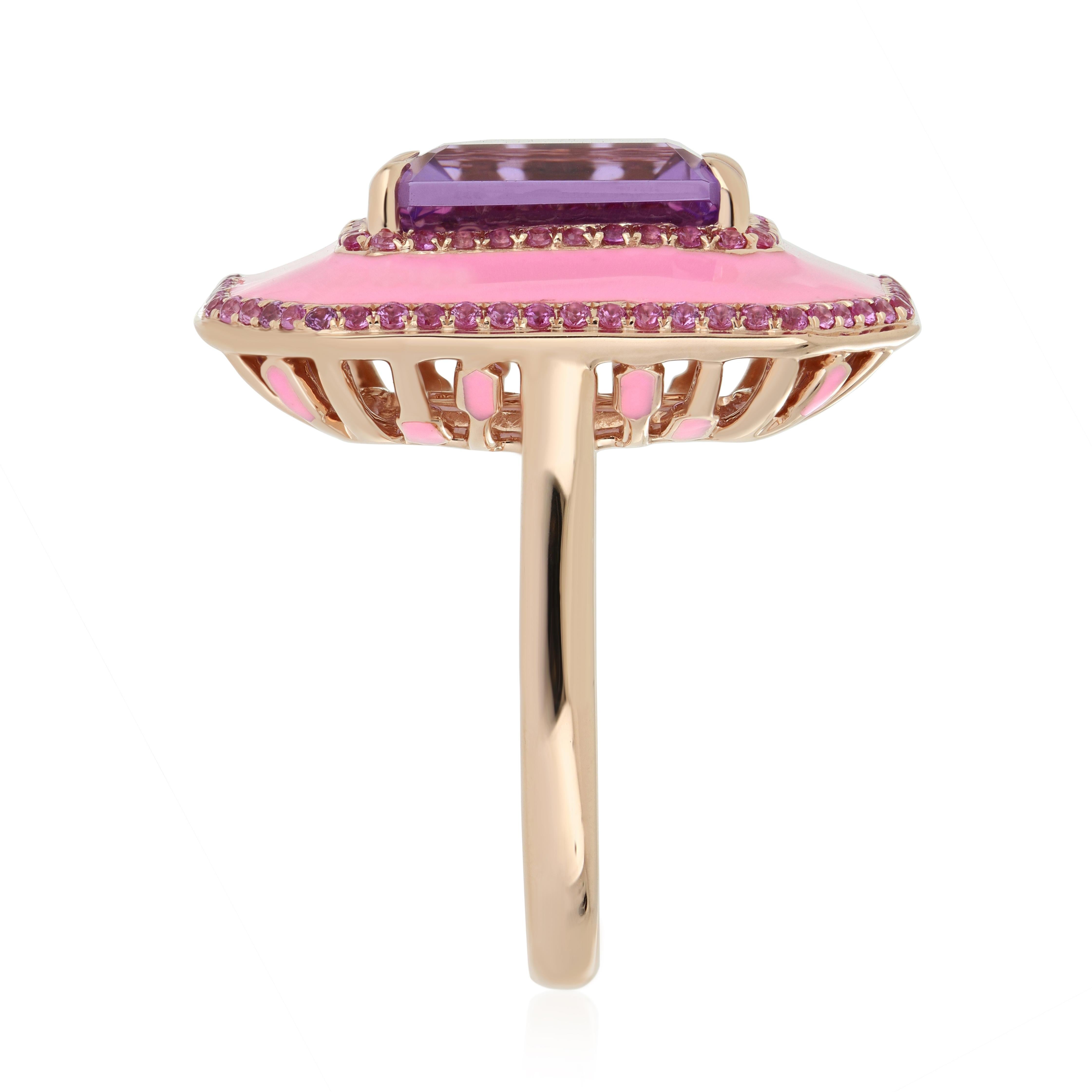 Pink Amethyst, Pink Sapphire & Diamond Ring with Enamel in 14k Rose Gold In New Condition For Sale In JAIPUR, IN