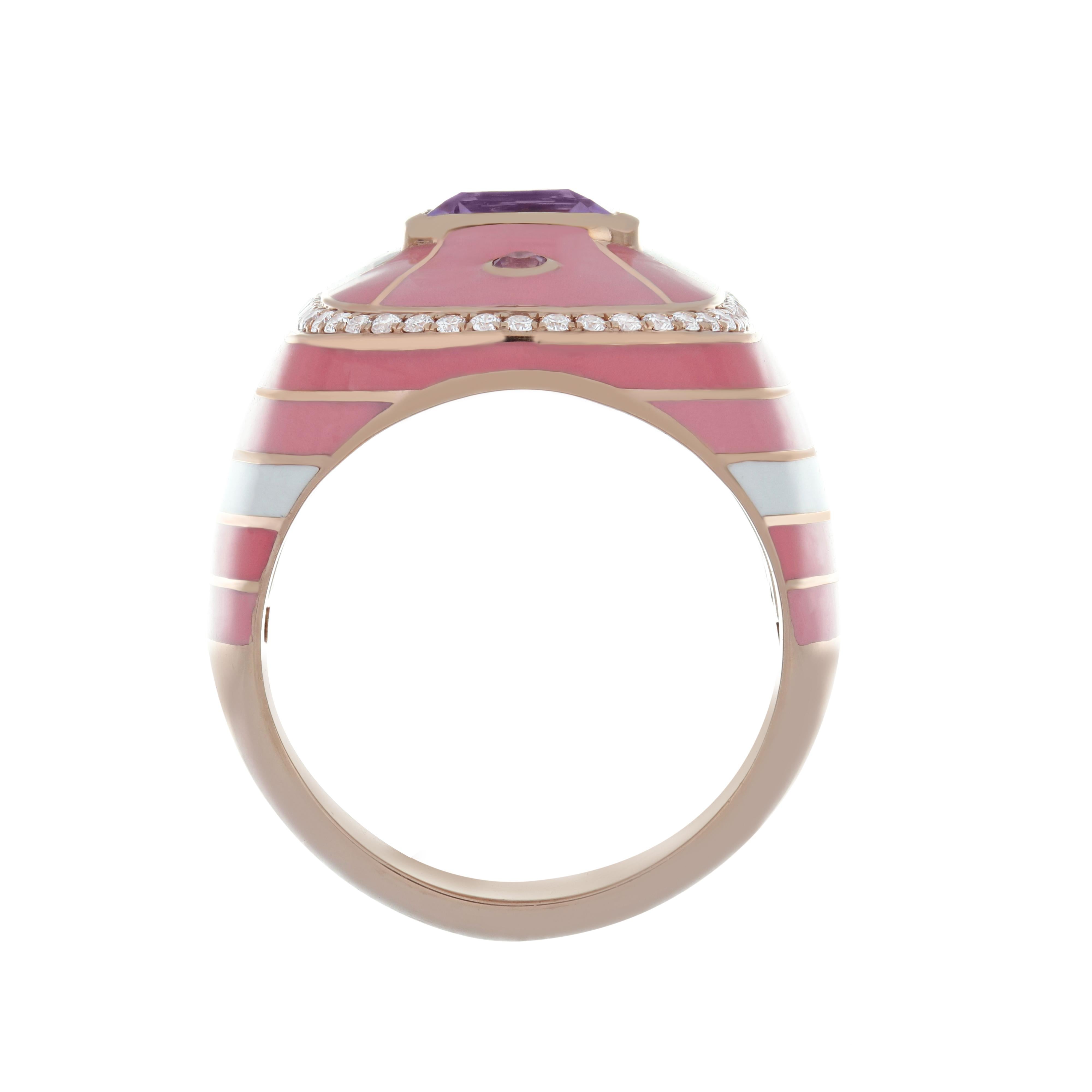 Women's Pink Amethyst, Pink Sapphire & Diamond Ring with Enamel in 14k Rose Gold For Sale