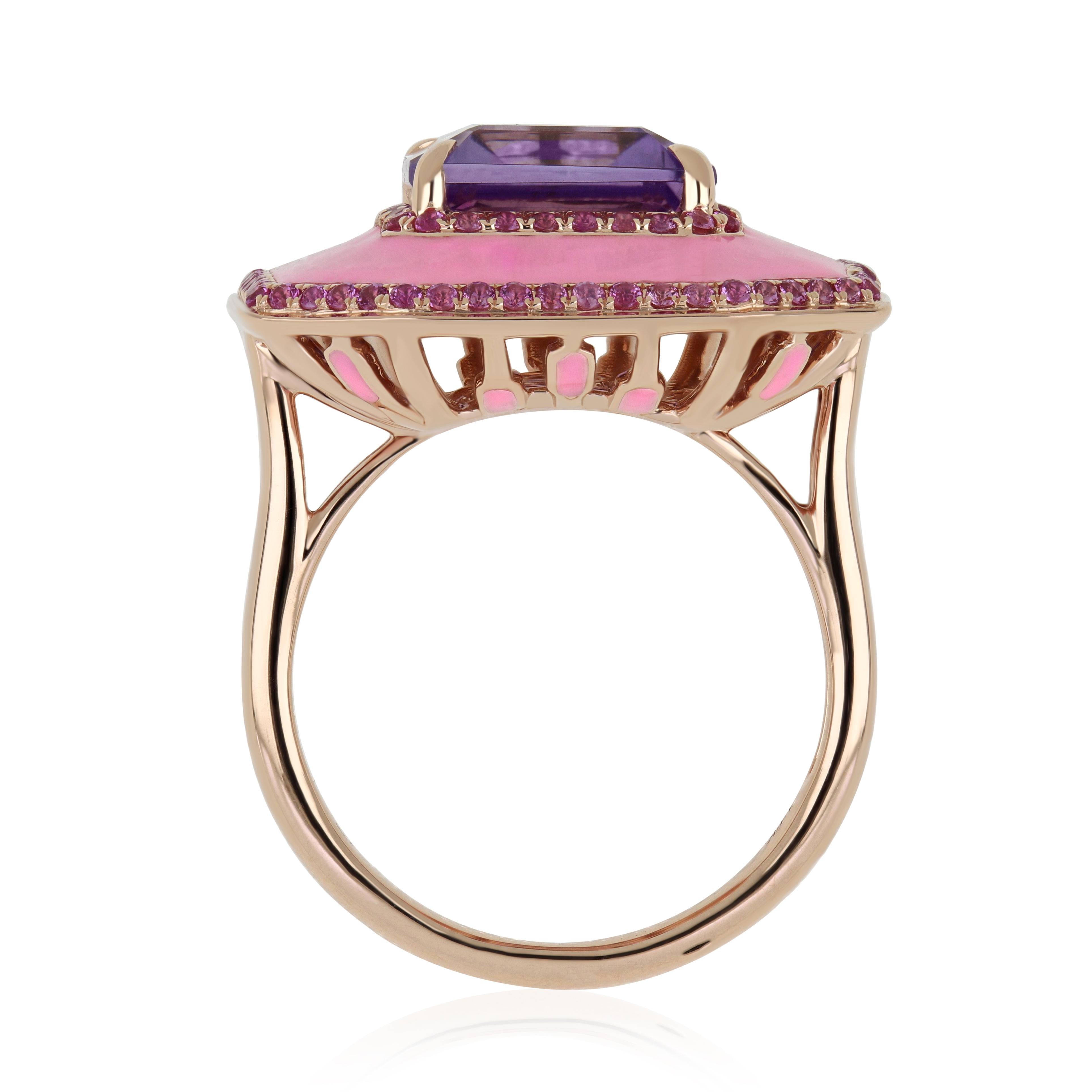 Women's Pink Amethyst, Pink Sapphire & Diamond Ring with Enamel in 14k Rose Gold For Sale