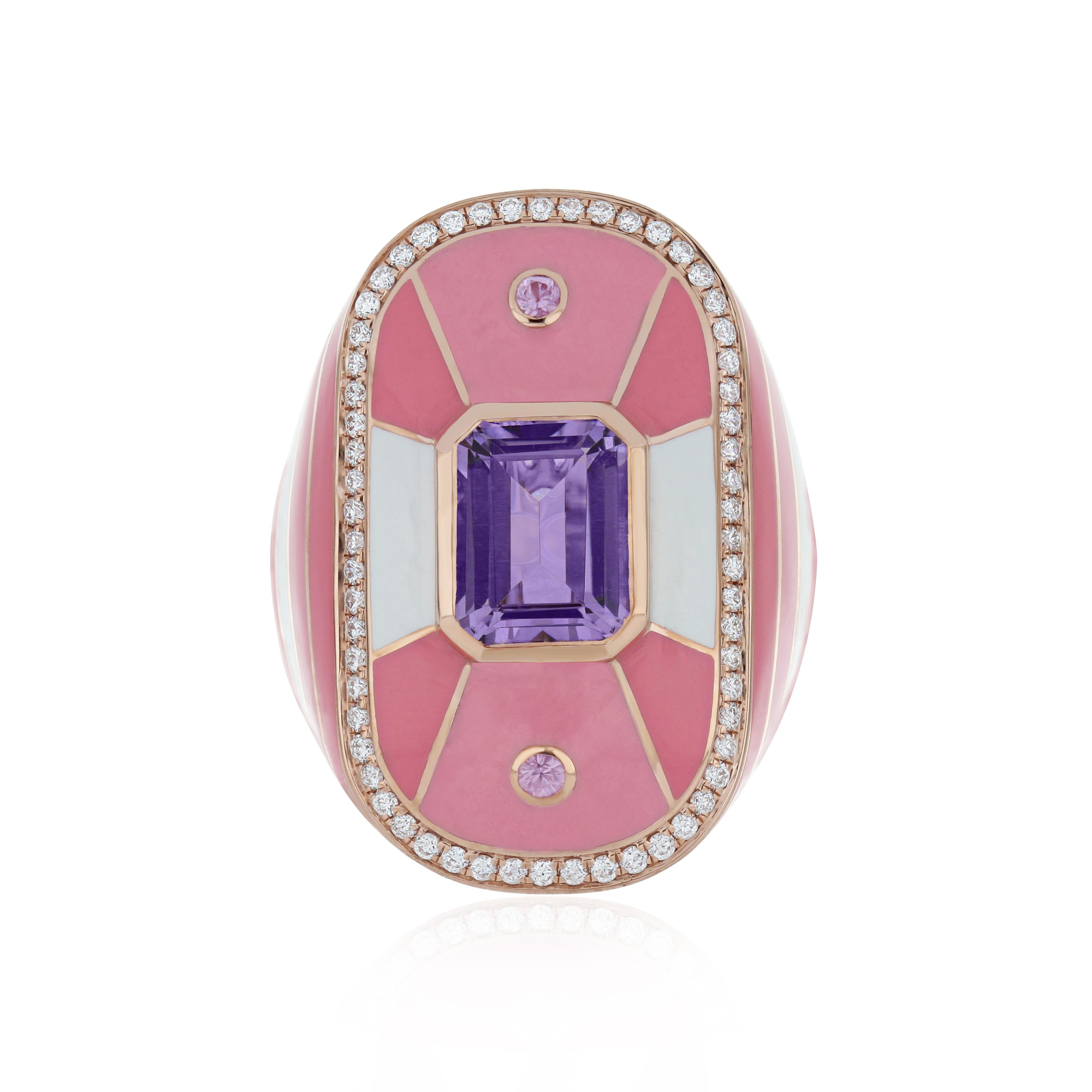  Pink Amethyst, Pink Sapphire & Diamond Ring with Enamel in 14k Rose Gold  For Sale 1