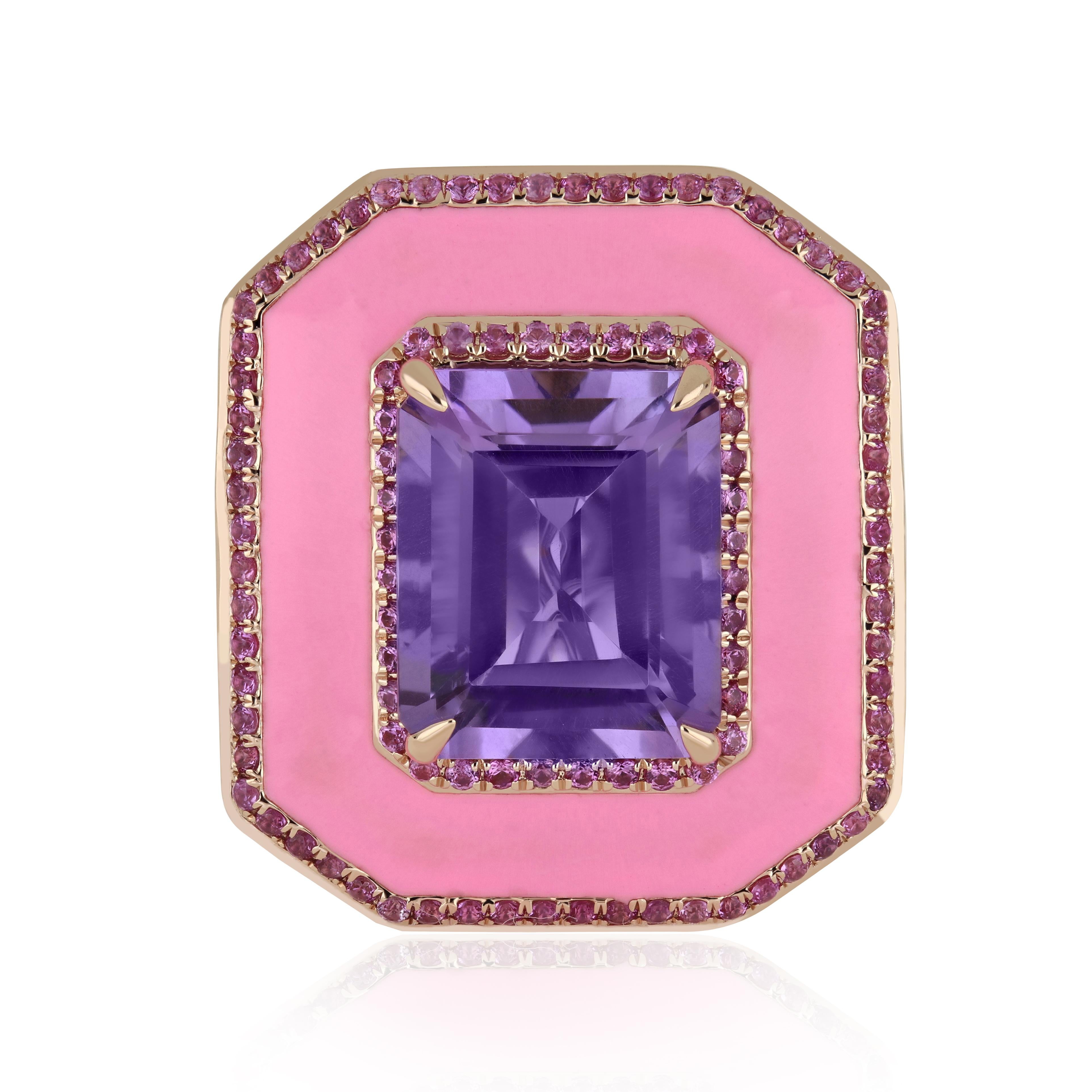 Pink Amethyst, Pink Sapphire & Diamond Ring with Enamel in 14k Rose Gold For Sale 1