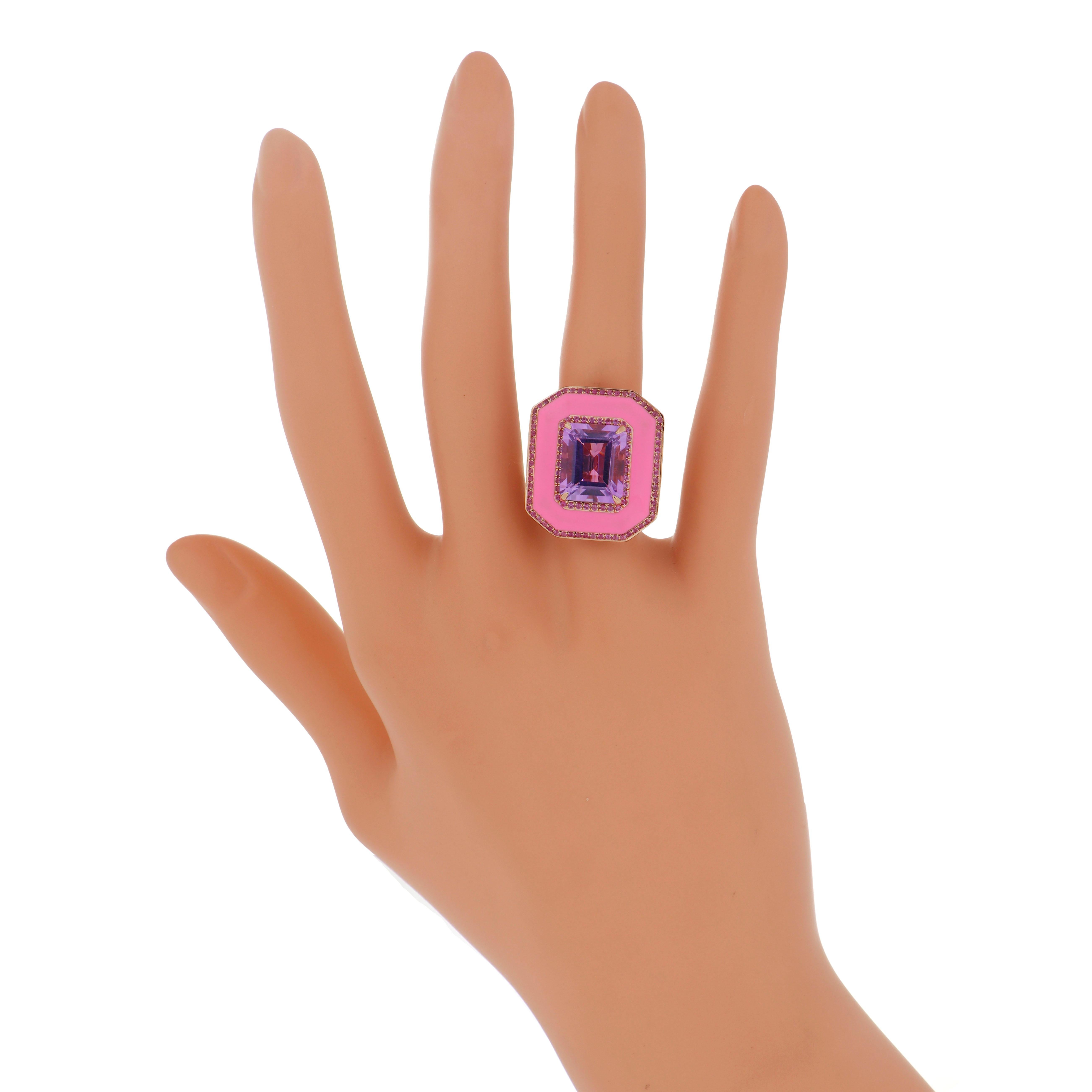 Pink Amethyst, Pink Sapphire & Diamond Ring with Enamel in 14k Rose Gold For Sale 2
