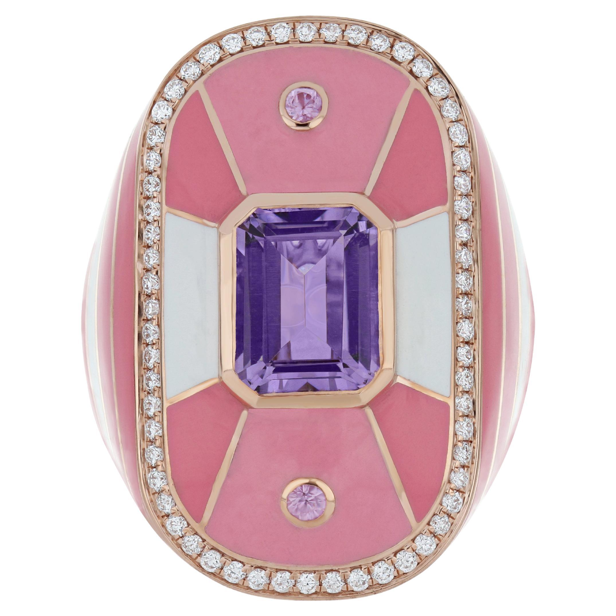  Pink Amethyst, Pink Sapphire & Diamond Ring with Enamel in 14k Rose Gold  For Sale