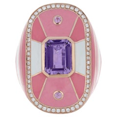 Pink Amethyst, Pink Sapphire & Diamond Ring with Enamel in 14k Rose Gold 