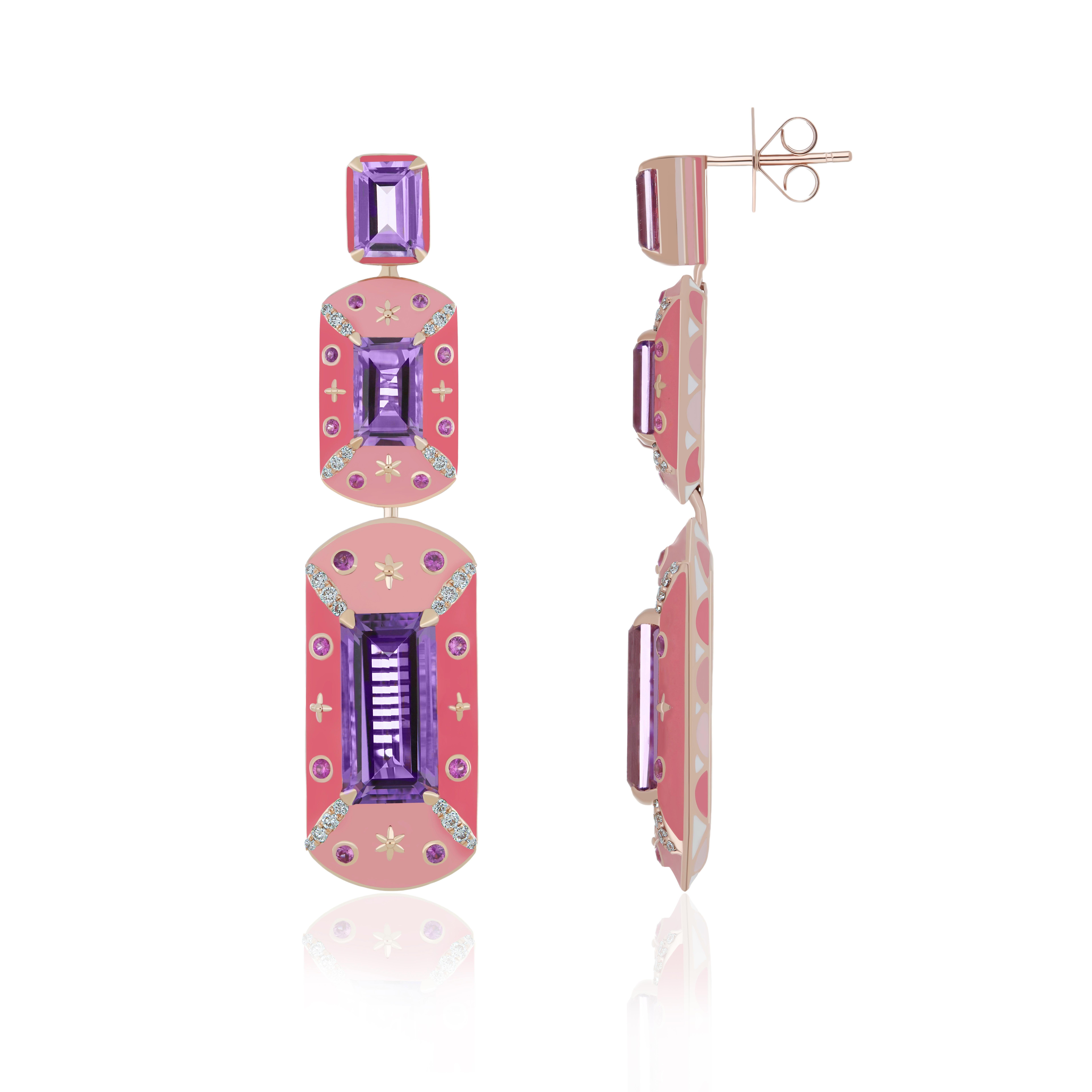Elegant and Exquisitely detailed 14karat Roes Gold Earring, with 11.4 Cts (approx. total ) Octagon Shape Pink Amethyst Surrounded by Enamel and accented with Pink Sapphire and Micro pave Diamonds, weighing approx. 0.3 CT's. (approx. ) total carat