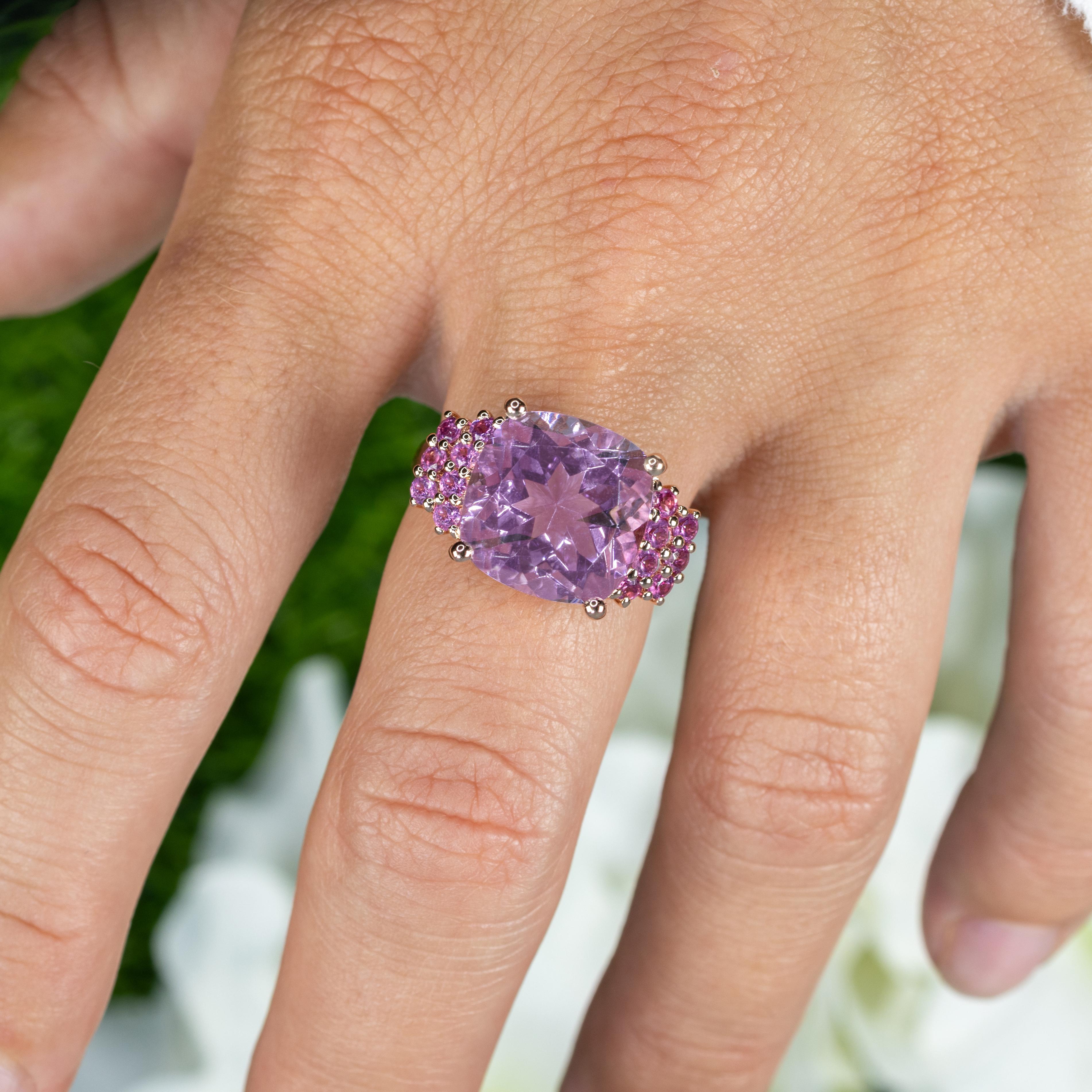 It comes with the Gemological Appraisal by GIA GG/AJP
All gemstones are natural
Pink Amethyst = 5.20 Carats
14 Rhodolites = 0.68 Carats
Metal: 18K Rose Gold Plated Sterling Silver
Ring Size: 7 US
Resizing is available upon request