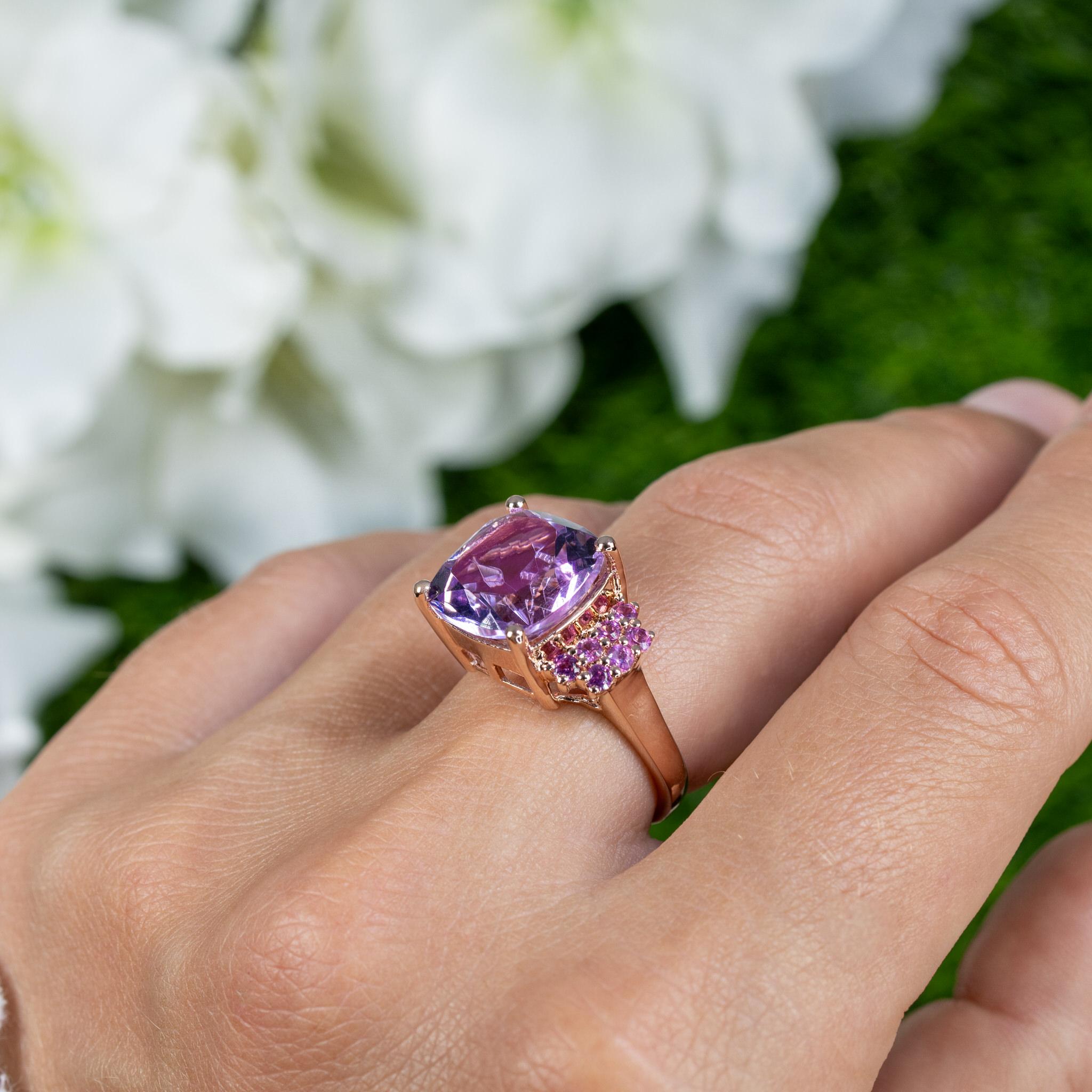 Pink Amethyst Ring Rhodolites 5.88 Carats 18K Rose Gold Plated Silver (Kissenschliff) im Angebot