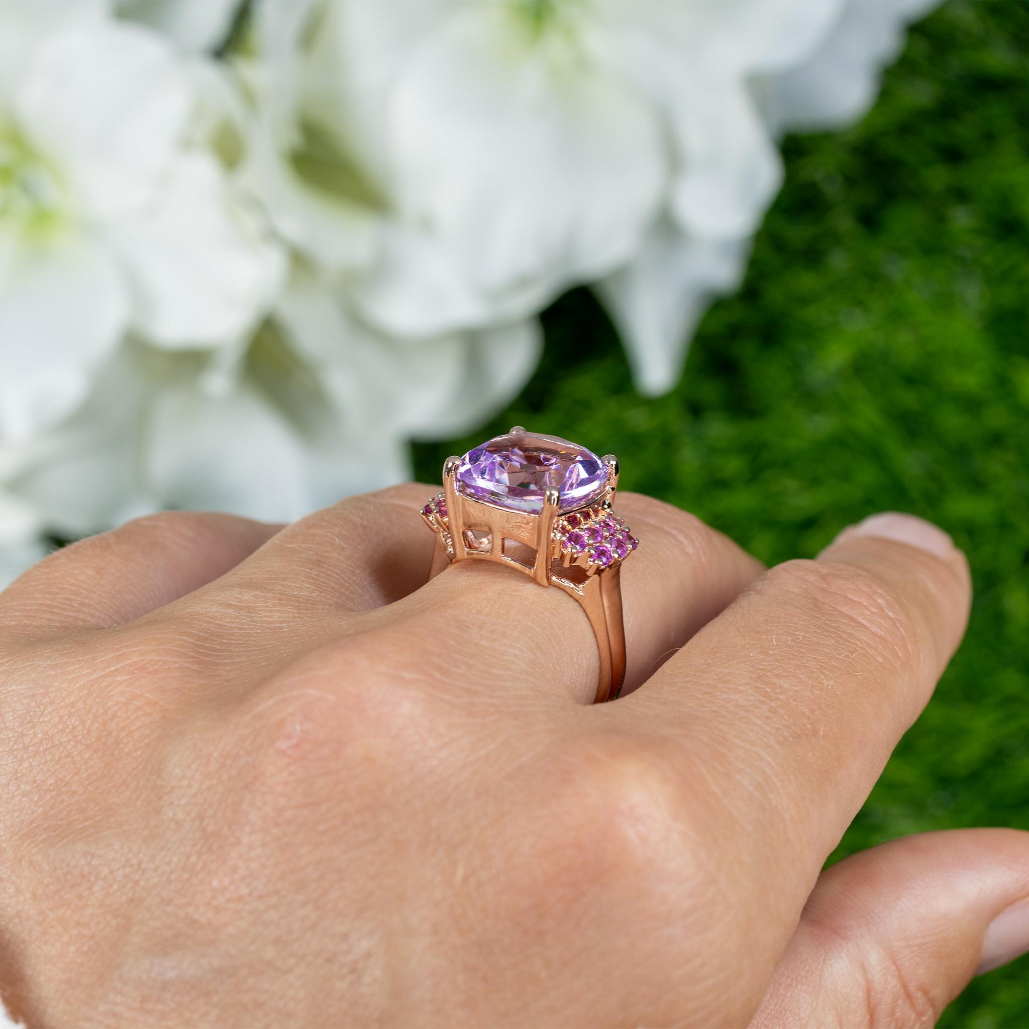 Pink Amethyst Ring Rhodolites 5.88 Carats 18K Rose Gold Plated Silver im Zustand „Hervorragend“ im Angebot in Aliso Viejo, CA