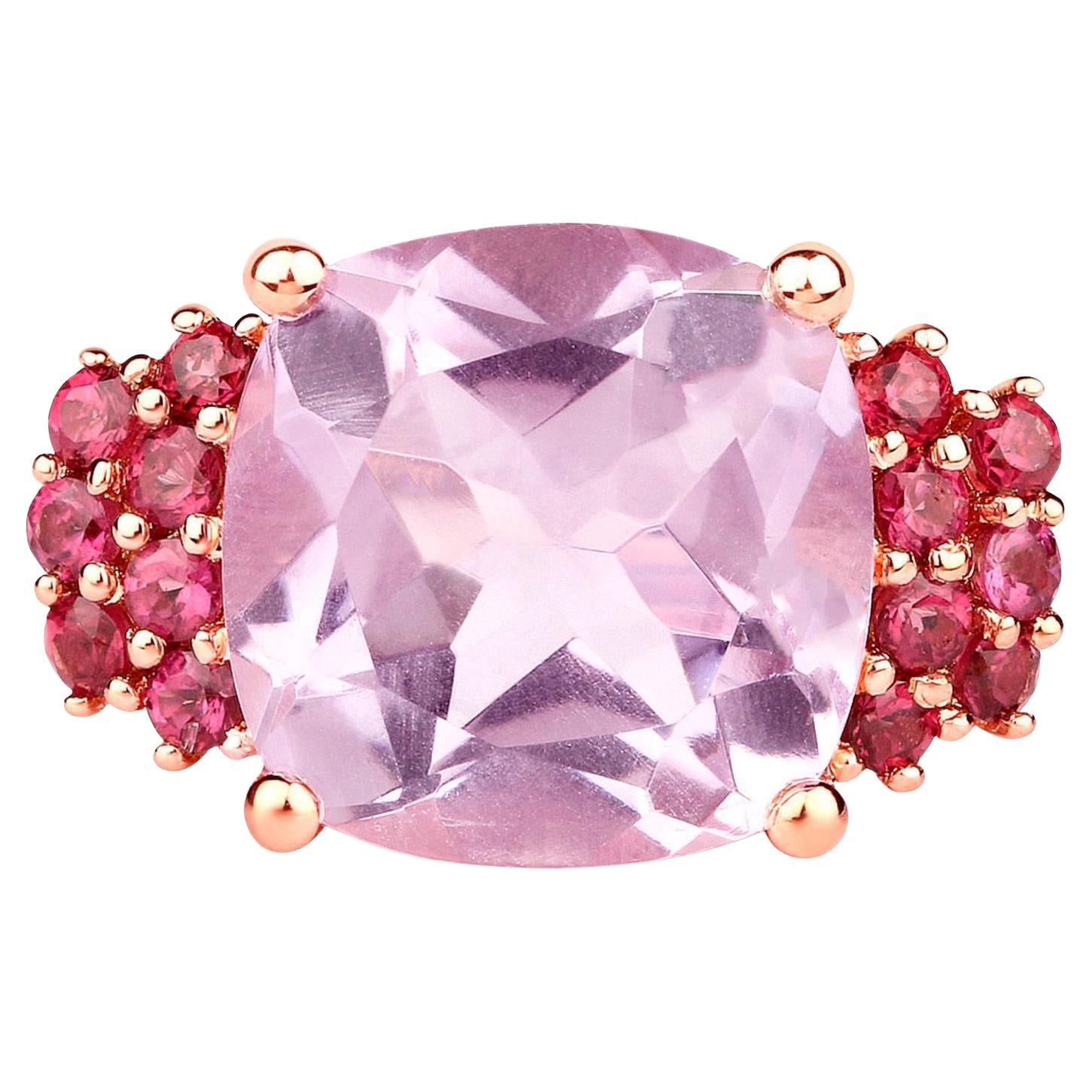 Pink Amethyst Ring Rhodolites 5.88 Carats 18K Rose Gold Plated Silver For Sale