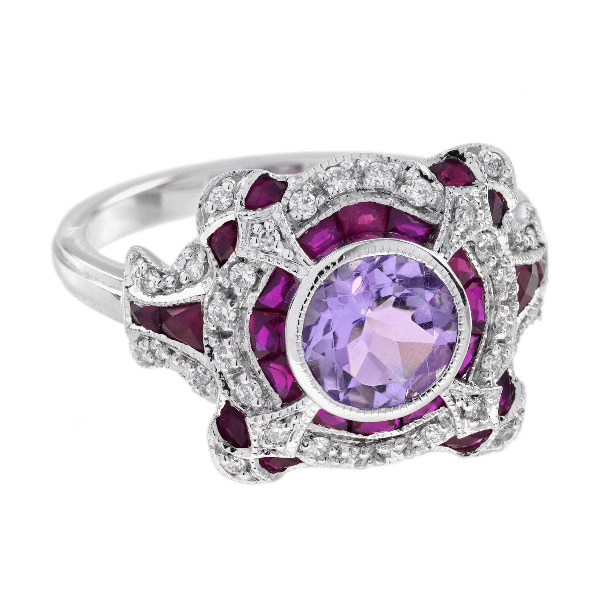 Round Cut Pink Amethyst Ruby and Diamond Art Deco Style Engagement Ring in 14K White Gold For Sale