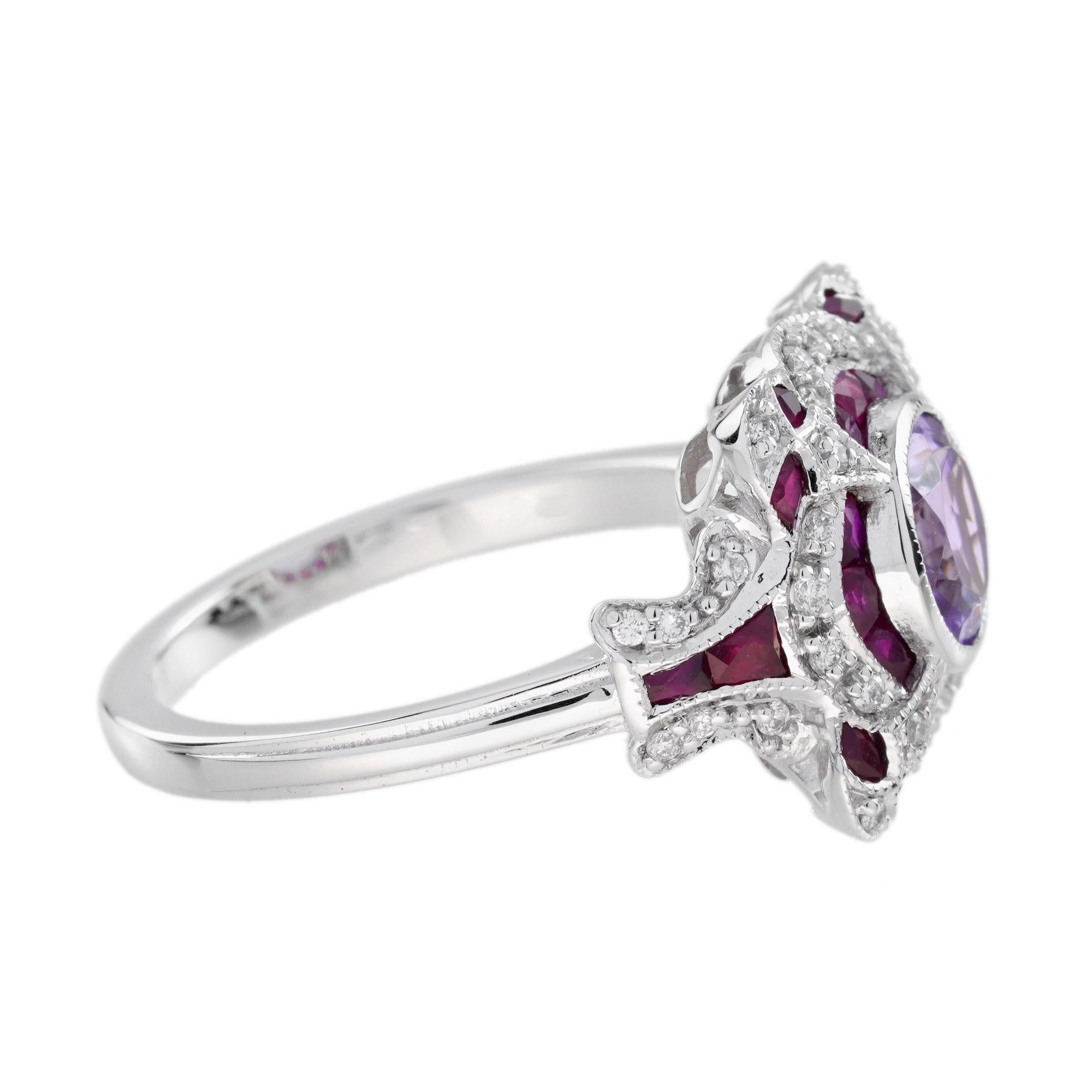 Pink Amethyst Ruby and Diamond Art Deco Style Engagement Ring in 14K White Gold In New Condition For Sale In Bangkok, TH