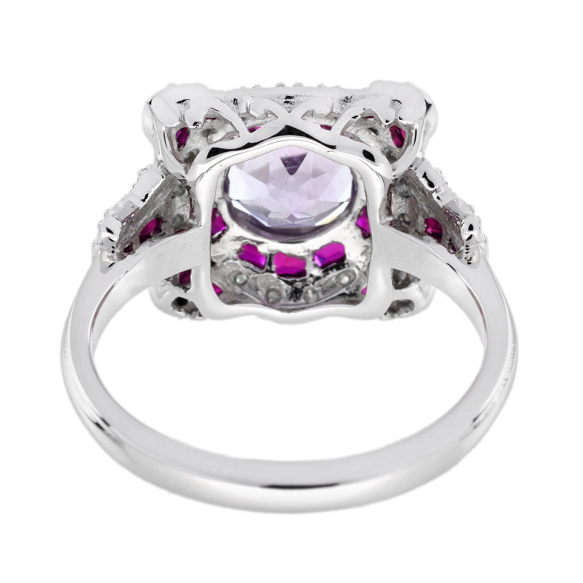 Women's Pink Amethyst Ruby and Diamond Art Deco Style Engagement Ring in 14K White Gold For Sale