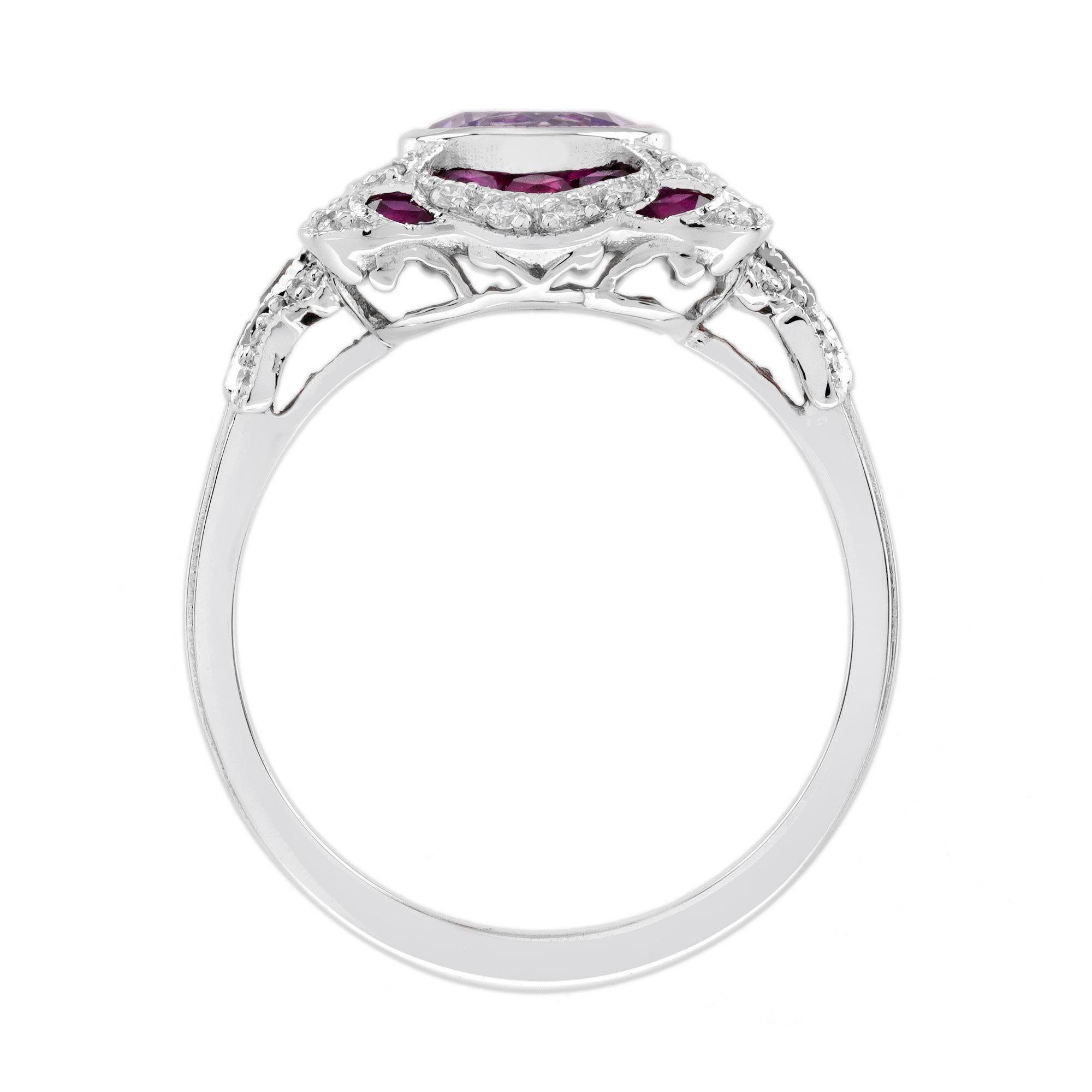 Pink Amethyst Ruby and Diamond Art Deco Style Engagement Ring in 14K White Gold For Sale 1