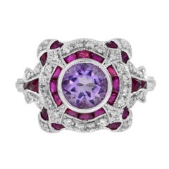 Verlobungsring aus 14 Karat Weißgold mit rosa Amethyst, Rubin und Diamant im Art-déco-Stil