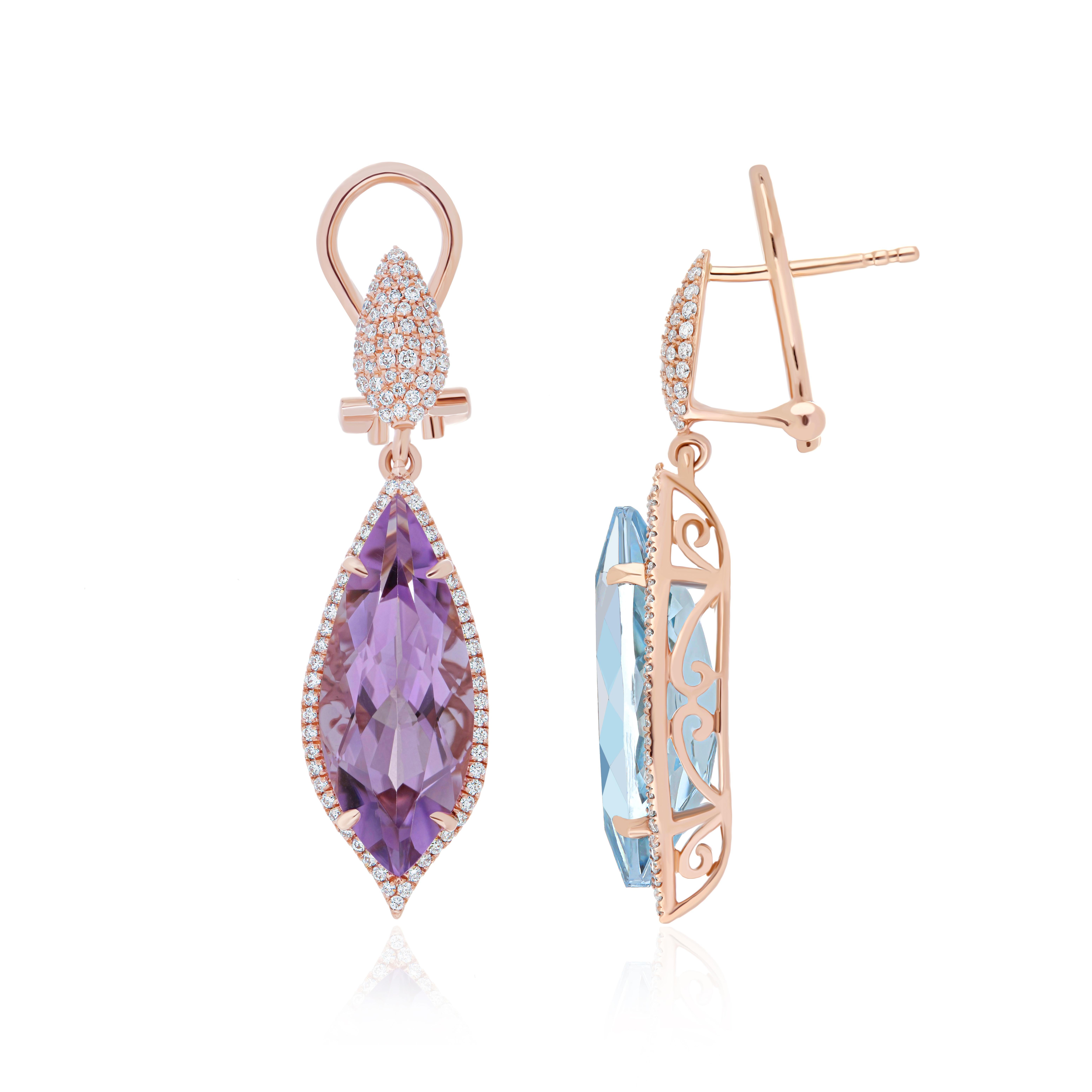 Elegant and Exquisitely Detailed Mis-matched pair of 14Karat Rose Gold Earring set with and Pear Marquise Shape Pink Amethyst weighing approx. 4.50Cts & Pear Marquise Shape Sky Blue Topaz weighing approx. 6.40Cts further enhanced by micro prove Set
