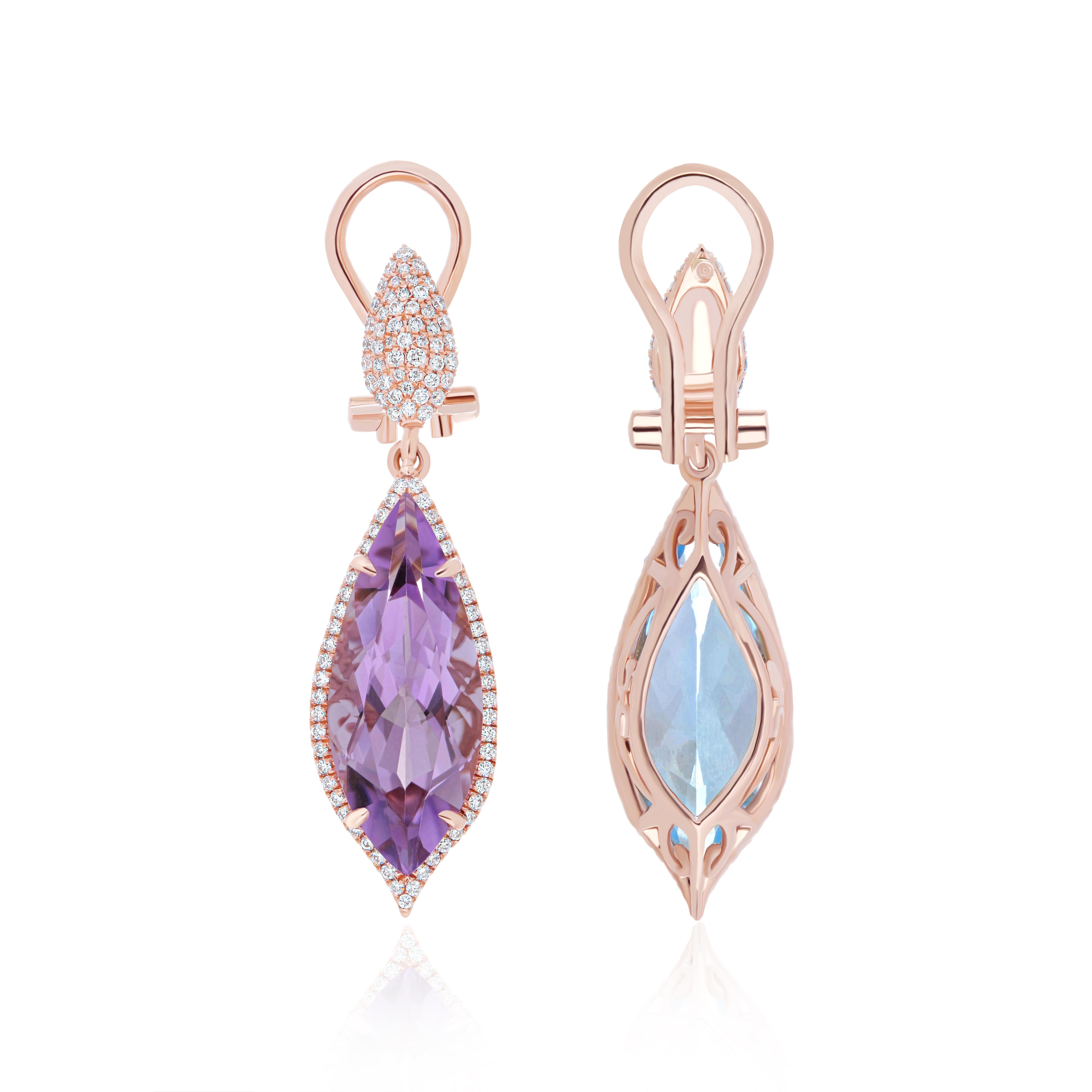 Marquise Cut 14K Rose Gold Handmade Jewelry, Pink amethyst, Sky Blue Topaz & Diamond Earring 