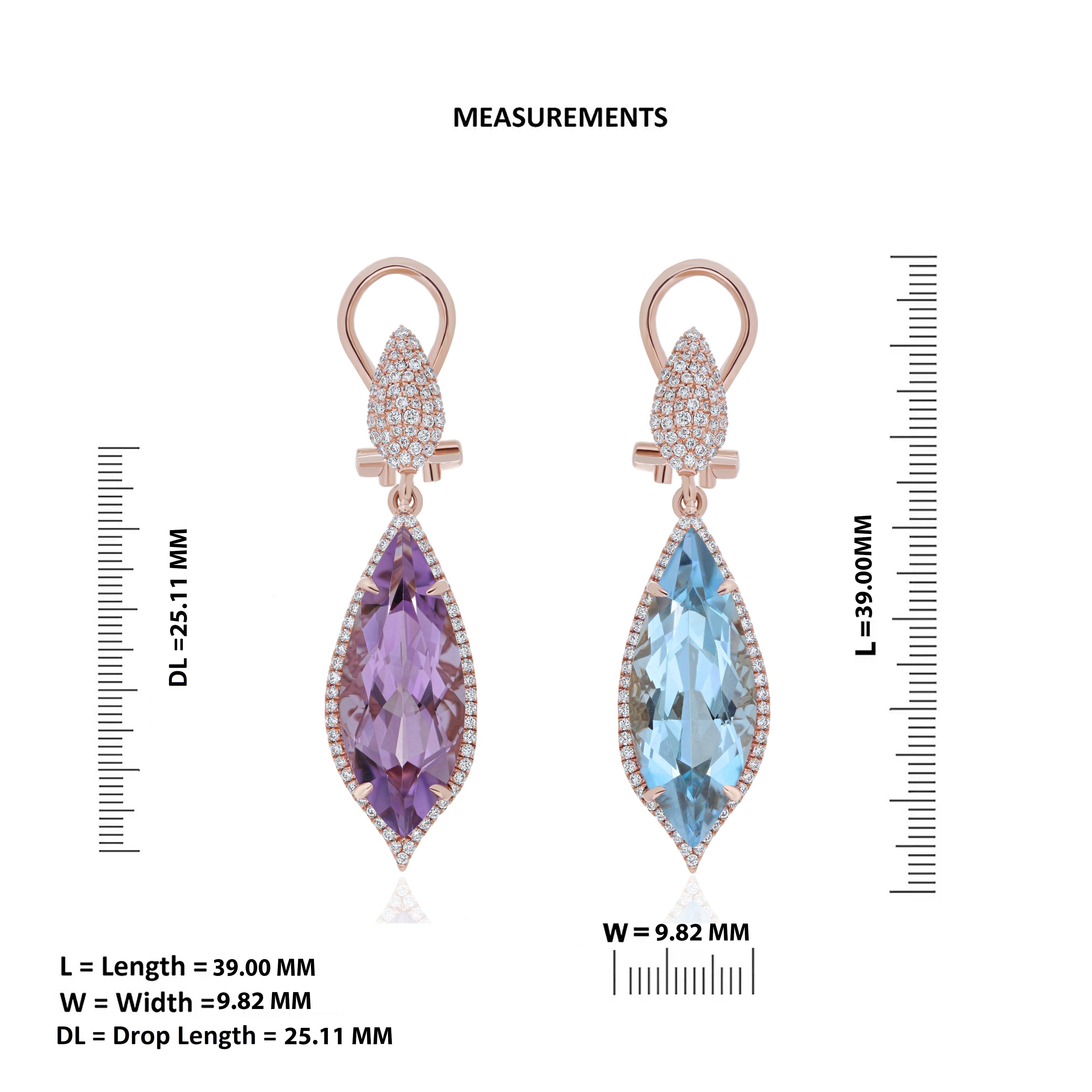 14K Rose Gold Handmade Jewelry, Pink amethyst, Sky Blue Topaz & Diamond Earring  In New Condition In JAIPUR, IN