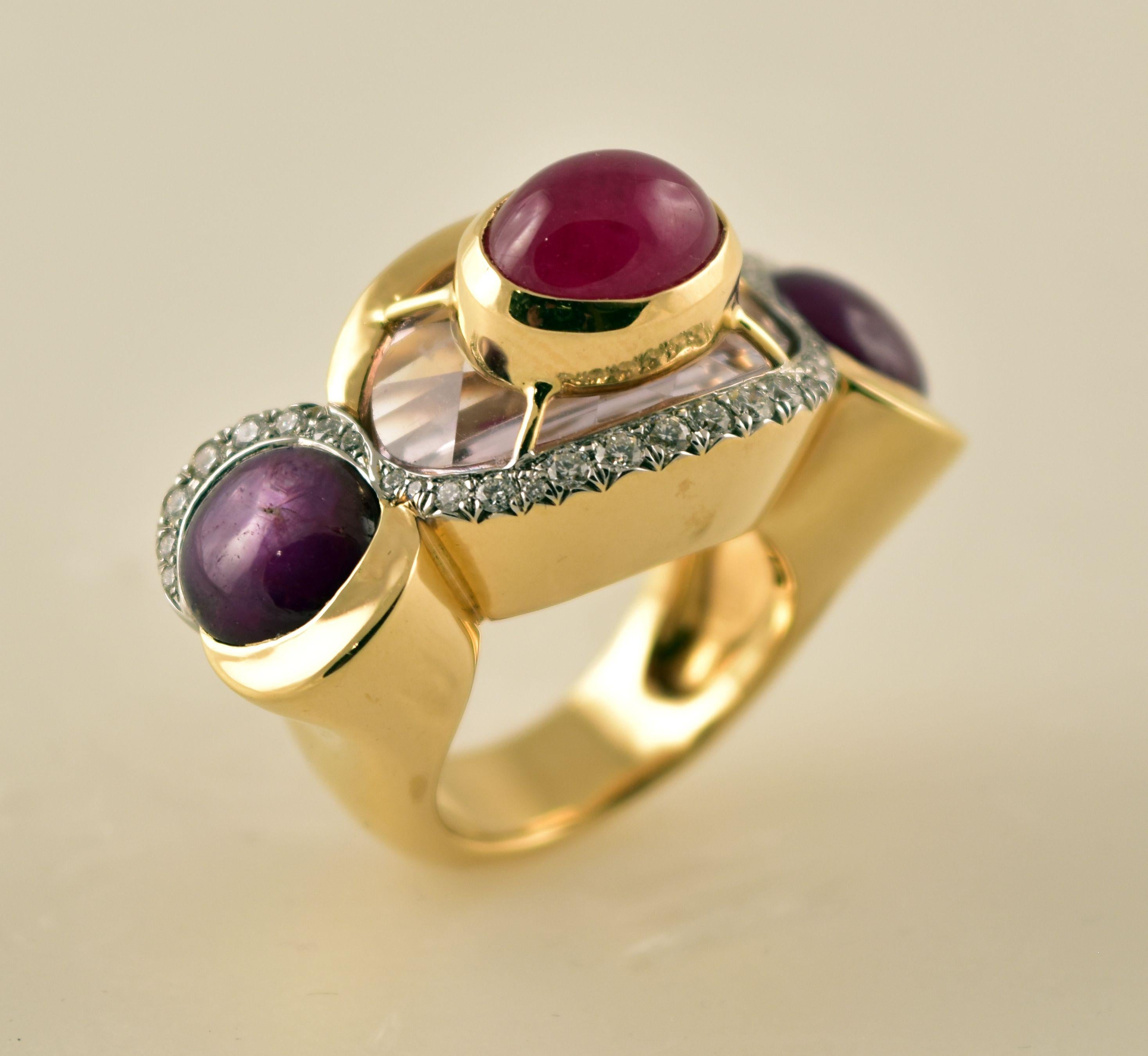 Stunning Pink Amethyst, Ruby, Star Ruby and Diamond Statement Ring, hand crafted in 18k yellow Gold by Tony Duquette, Designer Extraordinaire! Pink Amethyst (app. 8 carat); Ruby (app. 6 carat) and Star Ruby (app. 8.60 carat) and Diamond (app. 0.59