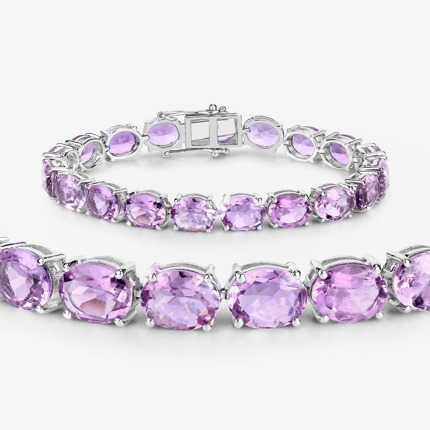 Contemporary Pink Amethyst Tennis Bracelet 30 Carats Rhodium Plated Sterling Silver For Sale