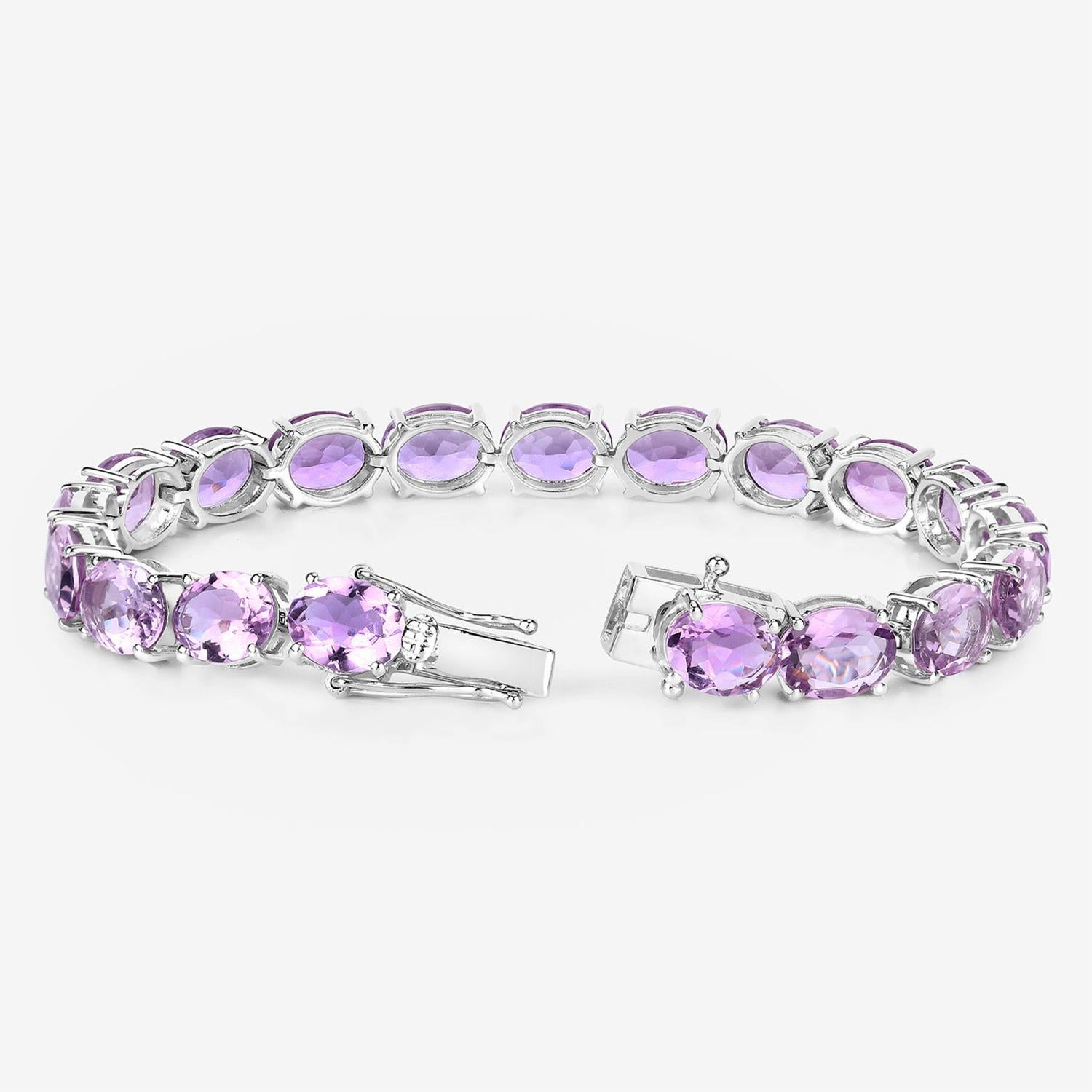 Cushion Cut Pink Amethyst Tennis Bracelet 30 Carats Rhodium Plated Sterling Silver For Sale