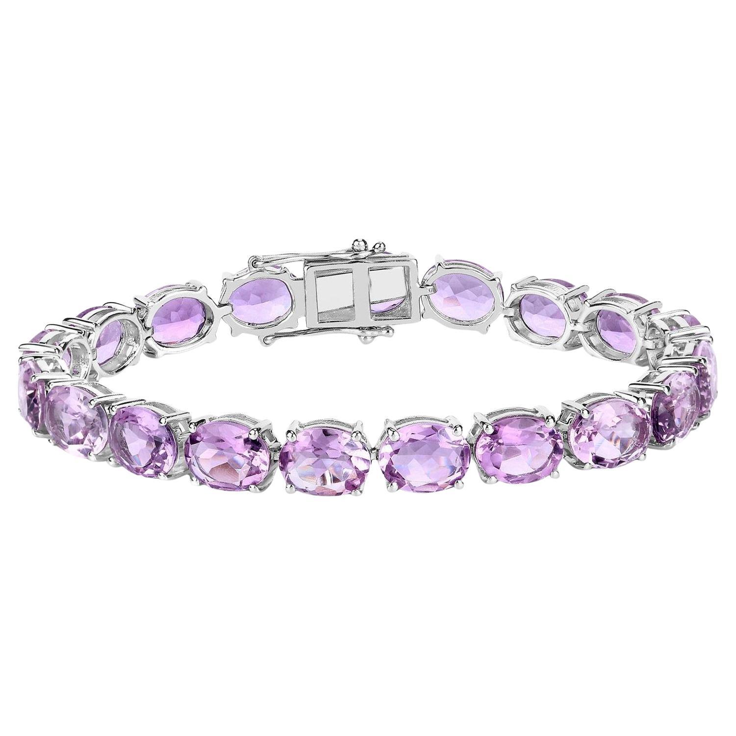 Pink Amethyst Tennis Bracelet 30 Carats Rhodium Plated Sterling Silver For Sale