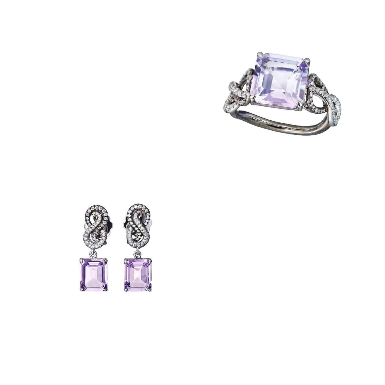 Pink Amethyst White Diamonds Platin Earrings and Ring Suite For Sale 5