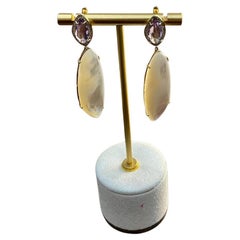 Pink Amethyst White Mother of Pearl White Diamonds Halo 14K Yellow Gold Earrings