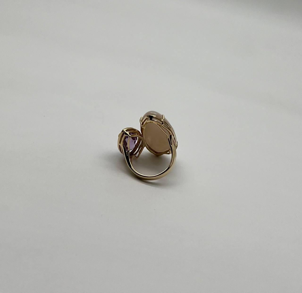 Bague en or jaune 14 carats, améthyste rose, nacre blanche et diamants blancs halo en vente 6