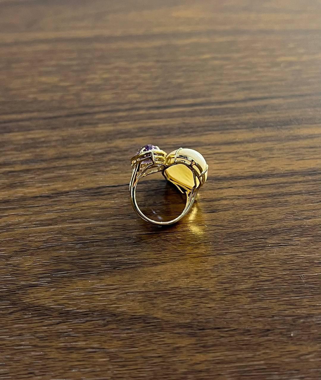 Bague en or jaune 14 carats, améthyste rose, nacre blanche et diamants blancs halo Pour femmes en vente