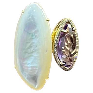 Pink Amethyst White Mother of Pearl White Diamonds Halo 14K Yellow Gold Ring