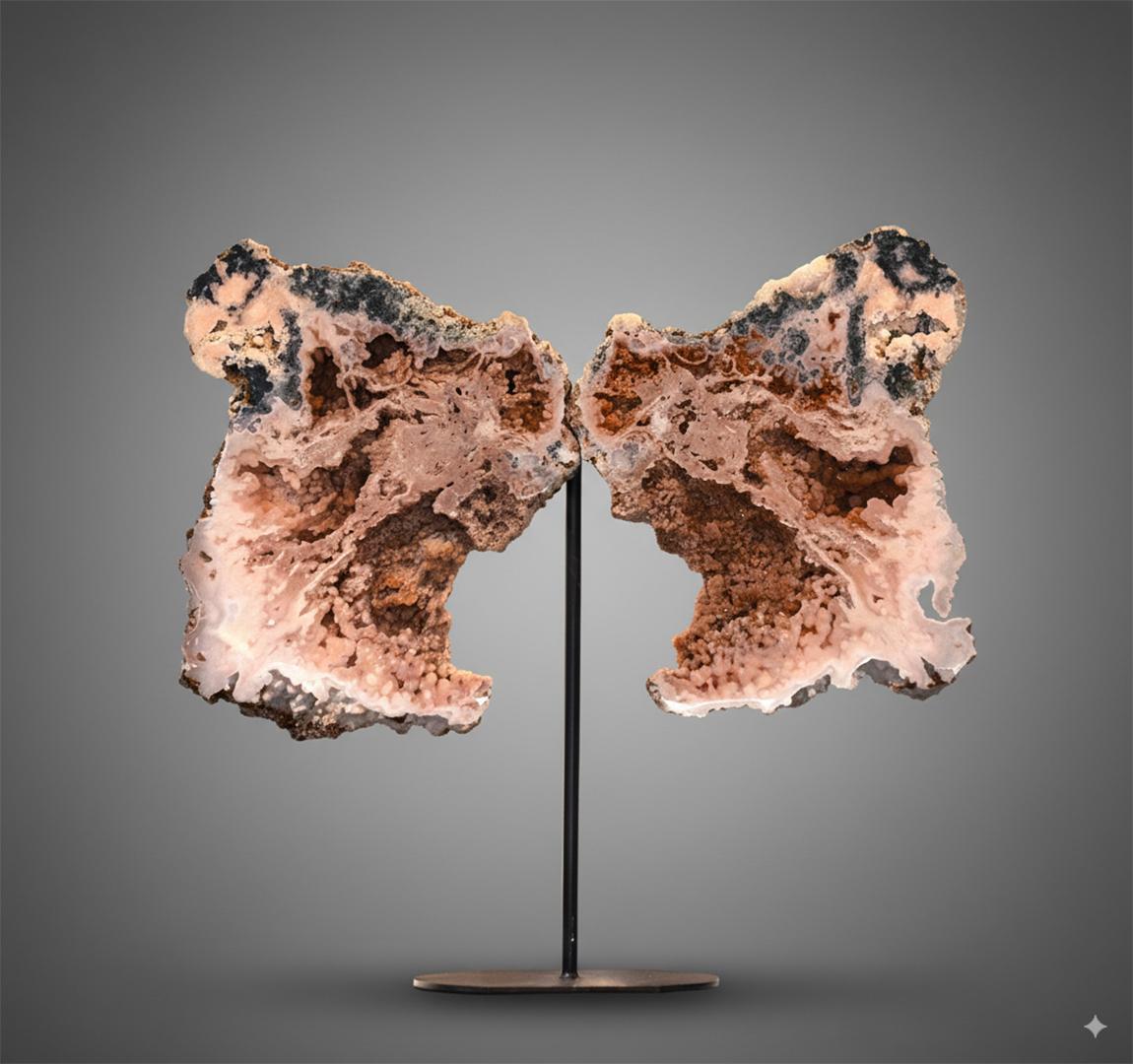 Cette paire de géodes naturelles fendues d'ailes d'améthyste rose provenant du Brésil est un spectacle minéral à couper le souffle qui allie l'art naturel à un design raffiné. Les moitiés ouvertes révèlent un intérieur saisissant de cristaux druzy