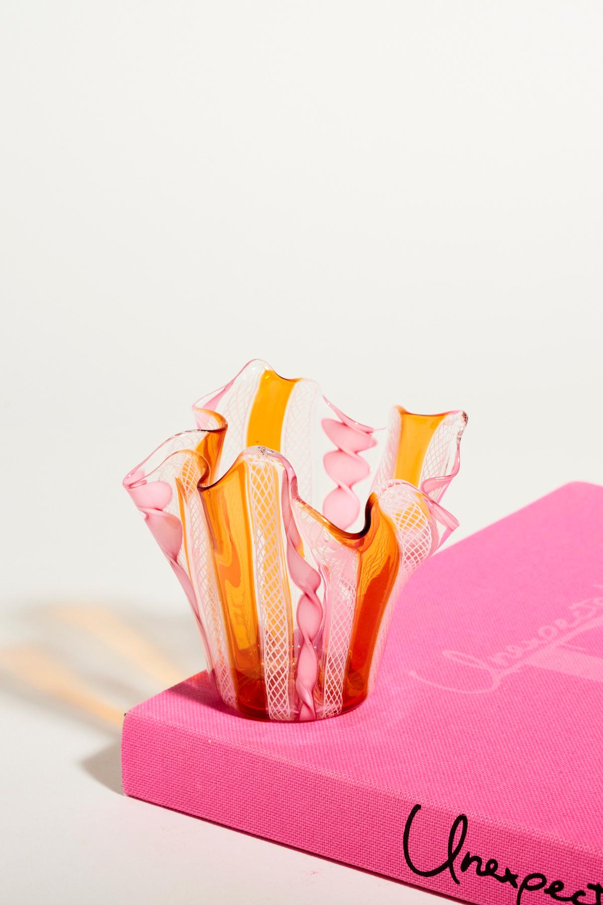 Mid-20th Century Pink and Amber Venetian Handkerchief Bowl