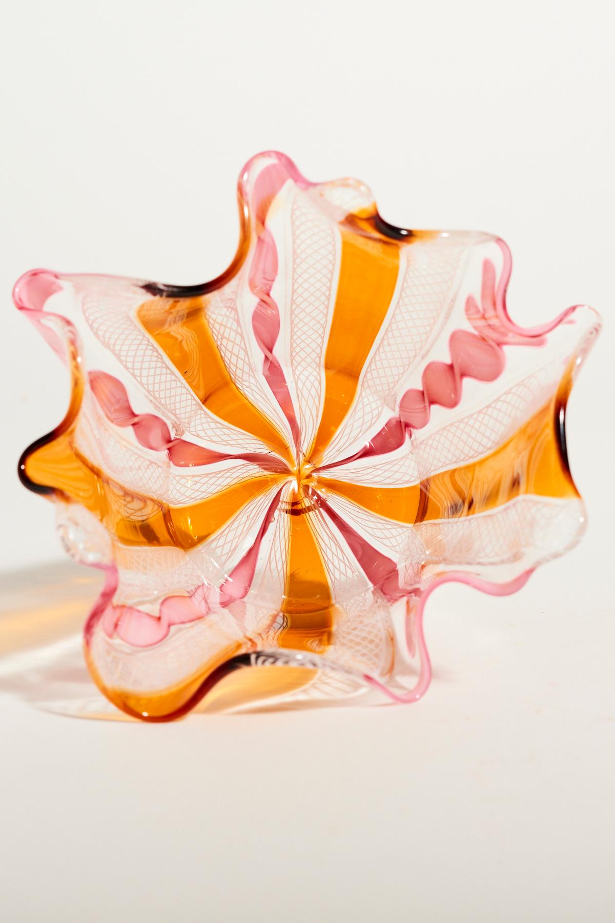 Glass Pink and Amber Venetian Handkerchief Bowl