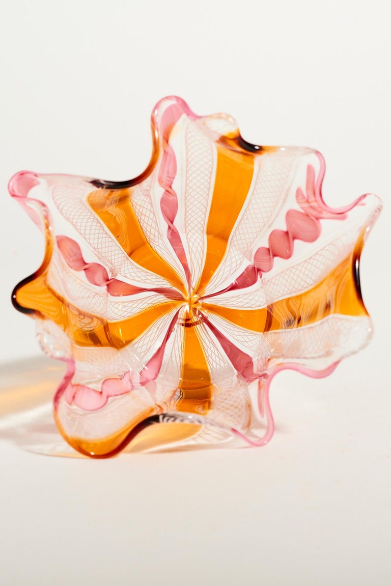 Glass Pink and Amber Venetian Handkerchief Bowl For Sale