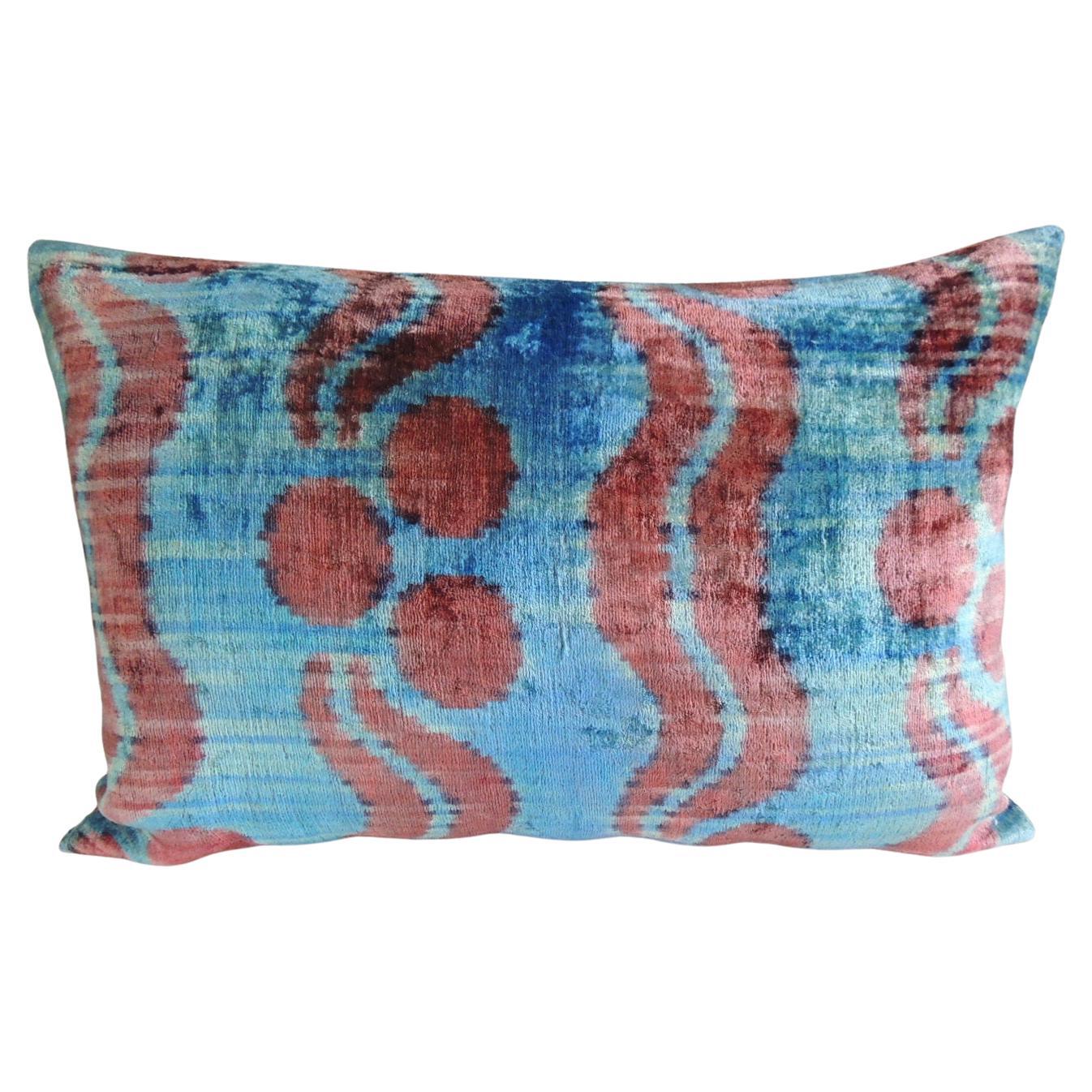 Pink and Aqua Silk Velvet Long Bolster Decorative Pillow