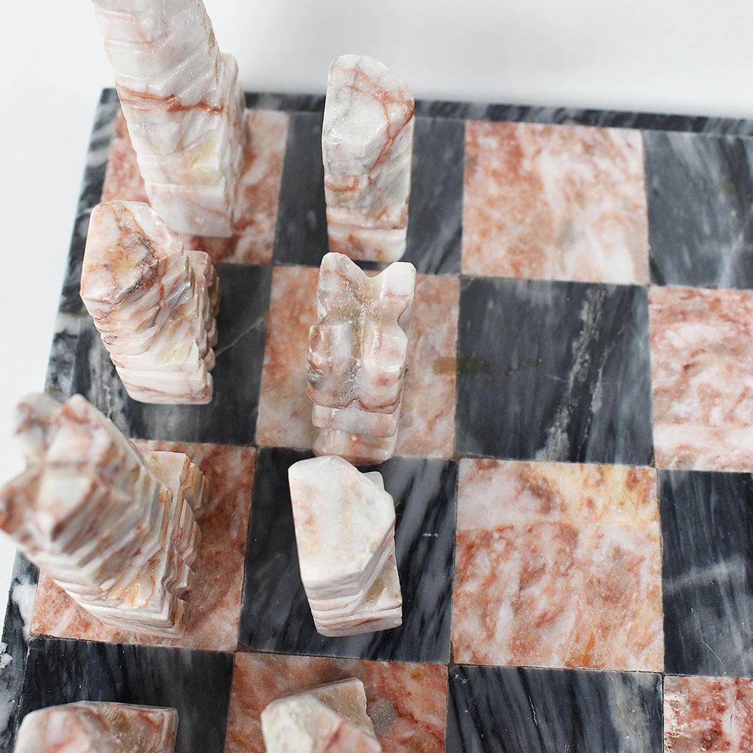Hollywood Regency Pink and Black Carved Italian Stone Marble Chess Set