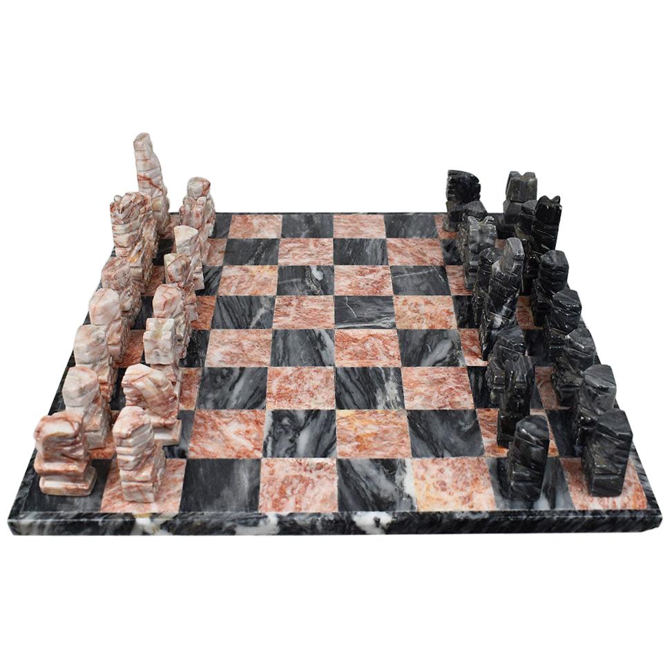 Pink and Black Carved Italian Stone Marble Chess Set