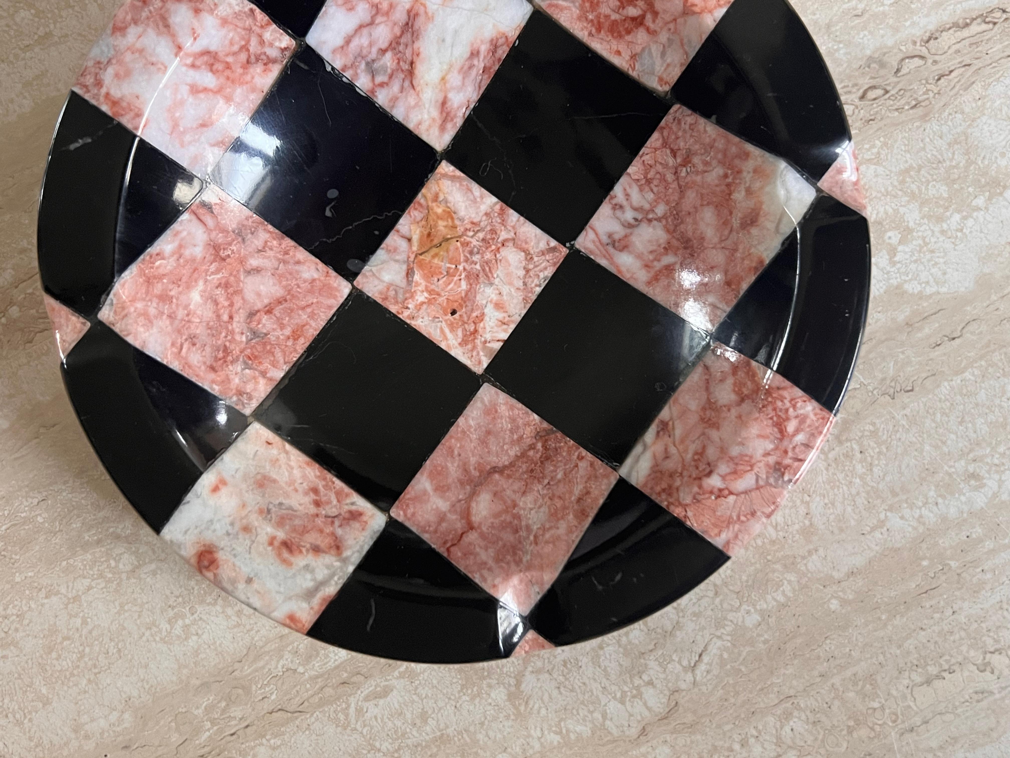 Italian Pink and Black Checkered Marble Ashtray, Mid-20th Century