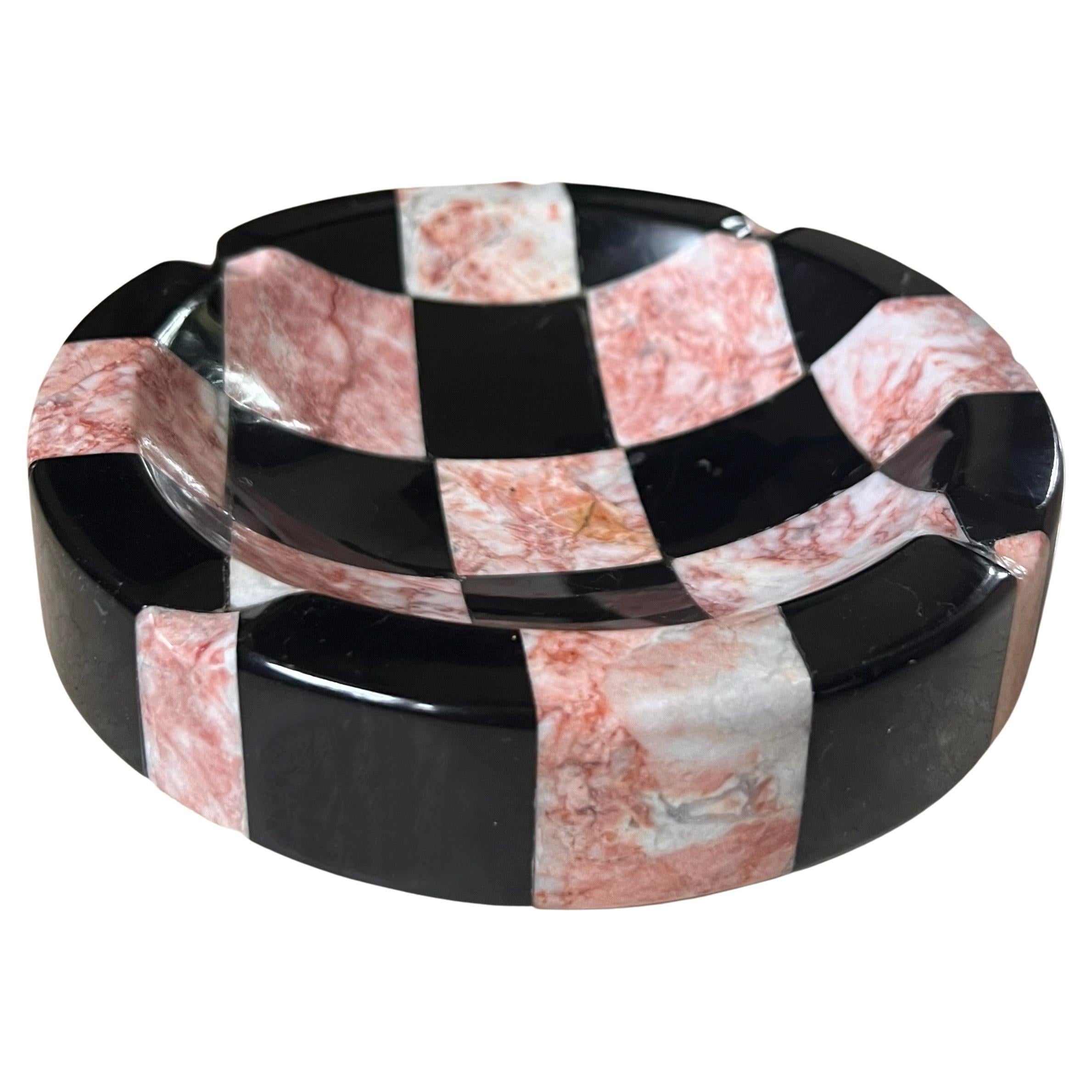 Pink and Black Checkered Marble Ashtray, Mid-20th Century