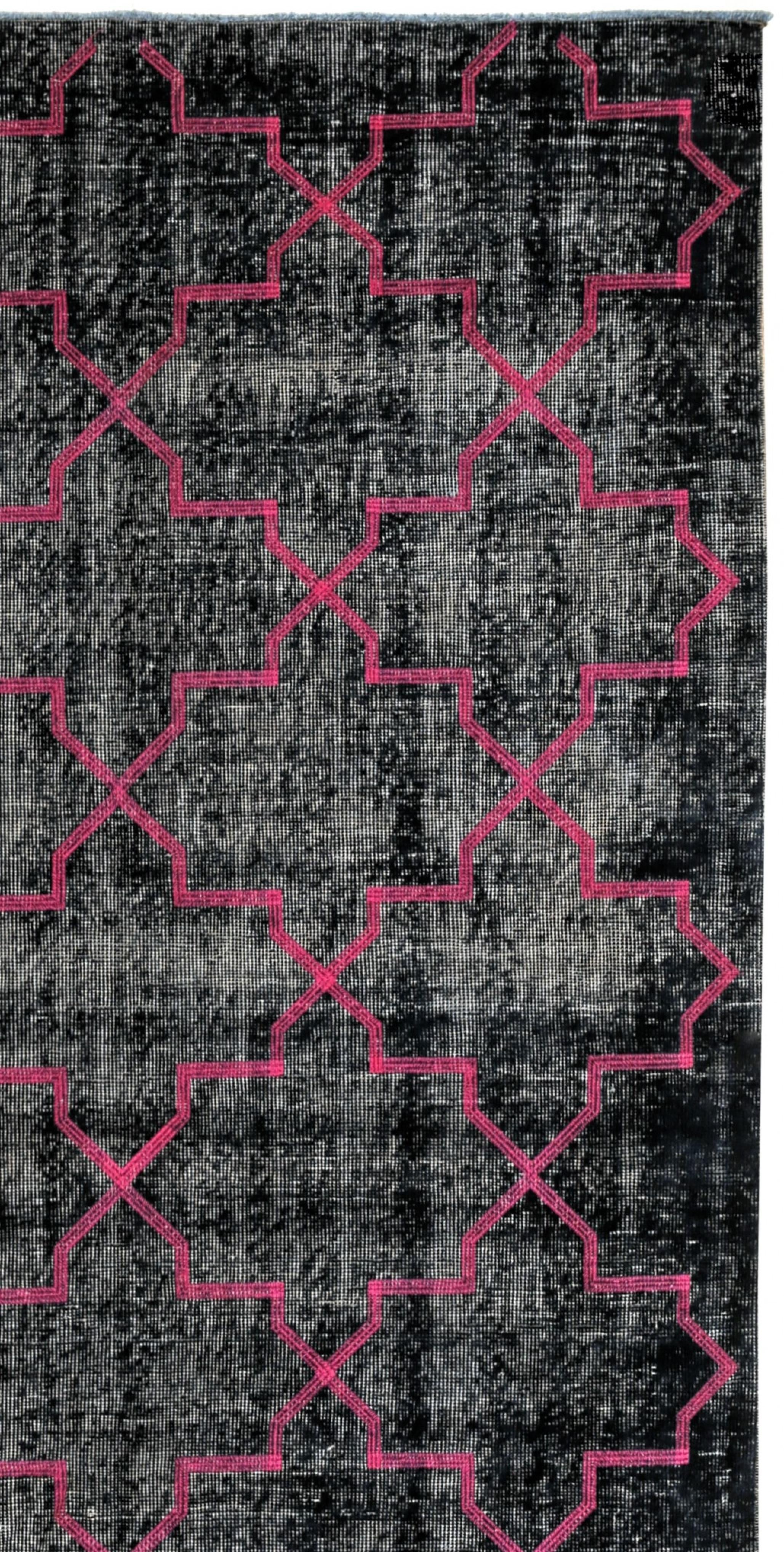 Hand-Knotted Pink and Black Handmade Vintage Turkish Anatolian Overdyed Distressed Rug For Sale