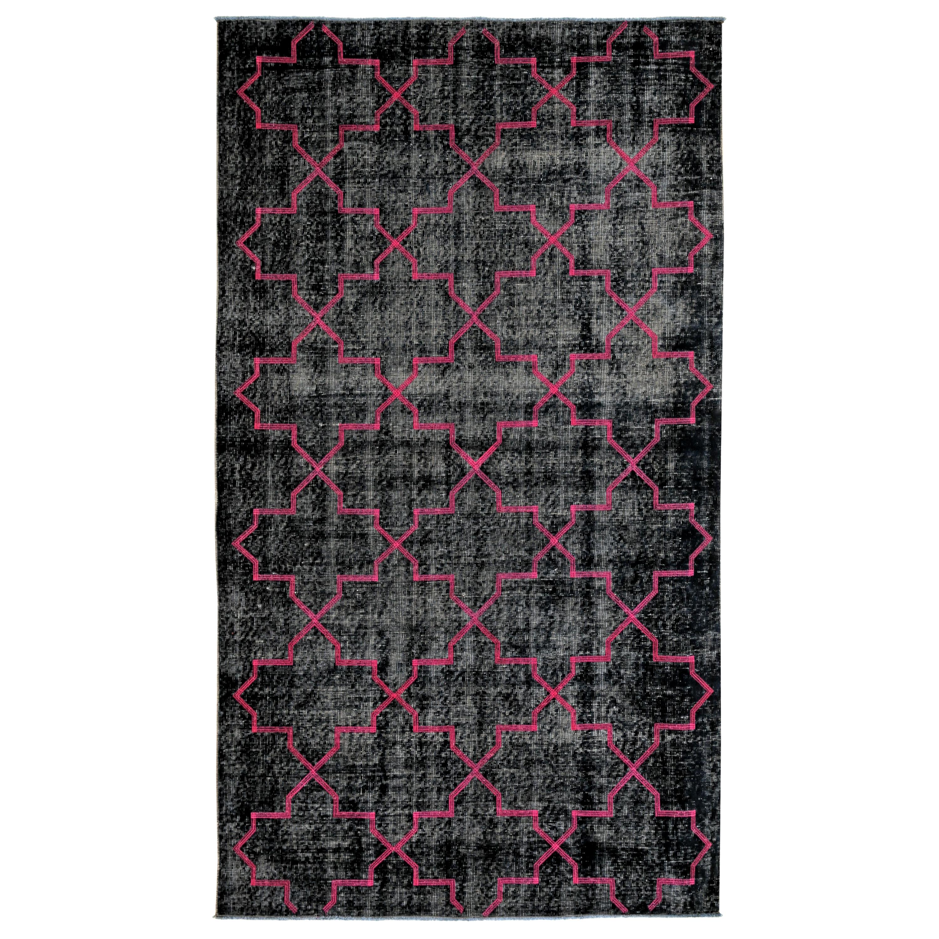 Pink and Black Handmade Vintage Turkish Anatolian Overdyed Distressed Rug For Sale