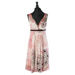 Pink and black printed silk cocktail dress Galliano 