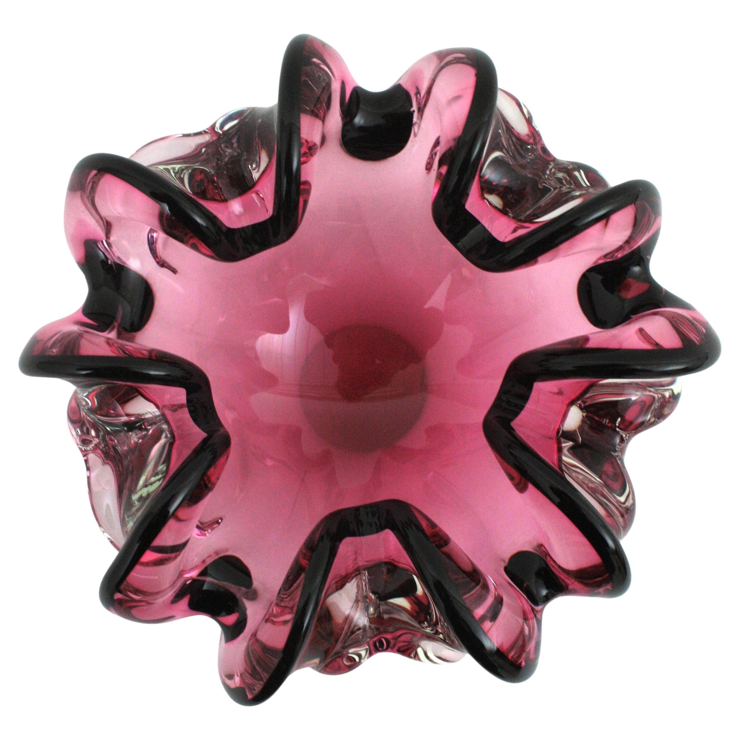 Rosa und schwarze Sommero Murano-Blumenschale aus Kunstglas, 1950er Jahre im Angebot