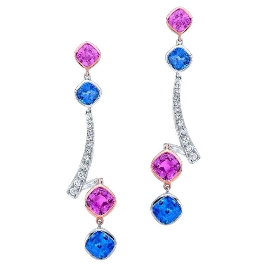 Cushion-cut, Pink and blue Ceylon Sapphire earrings. 7.59 carats. For Sale