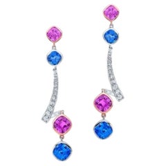 Cushion-cut, Pink and blue Ceylon Sapphire earrings. 7.59 carats.