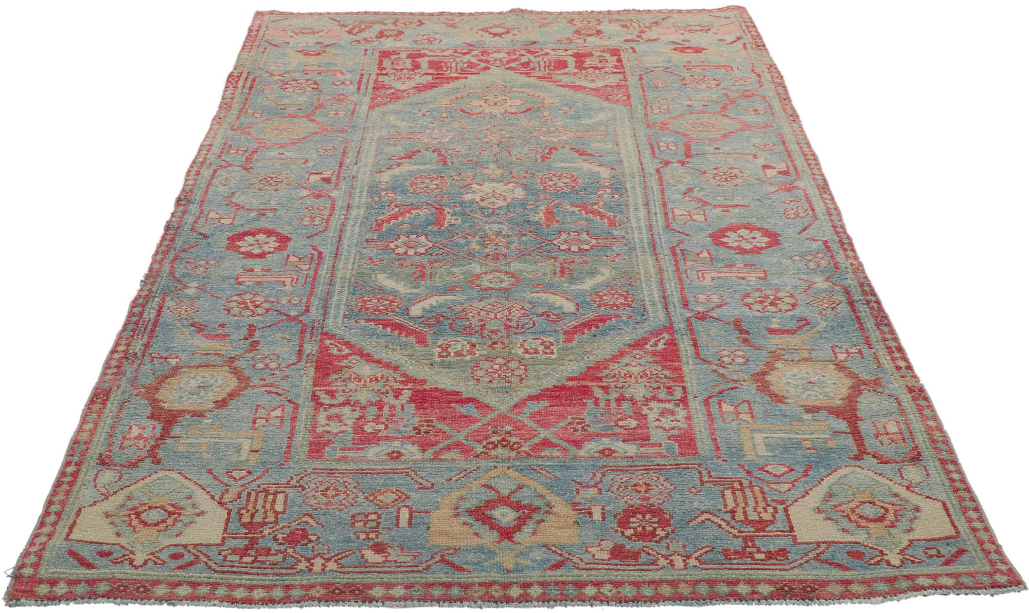 Hand-Knotted Pink and Blue Distressed Antique Persian Malayer Rug For Sale