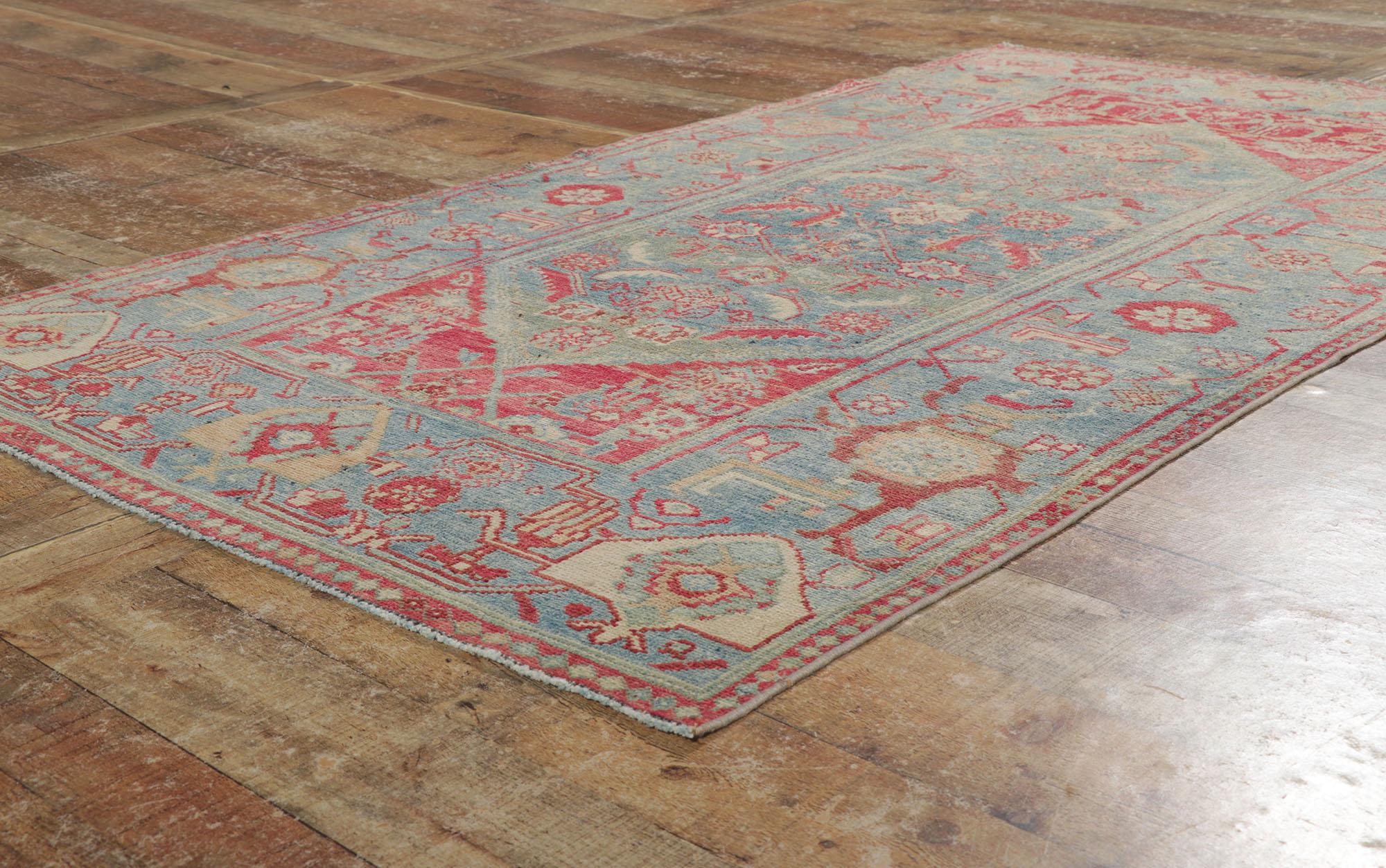 Wool Pink and Blue Distressed Antique Persian Malayer Rug For Sale