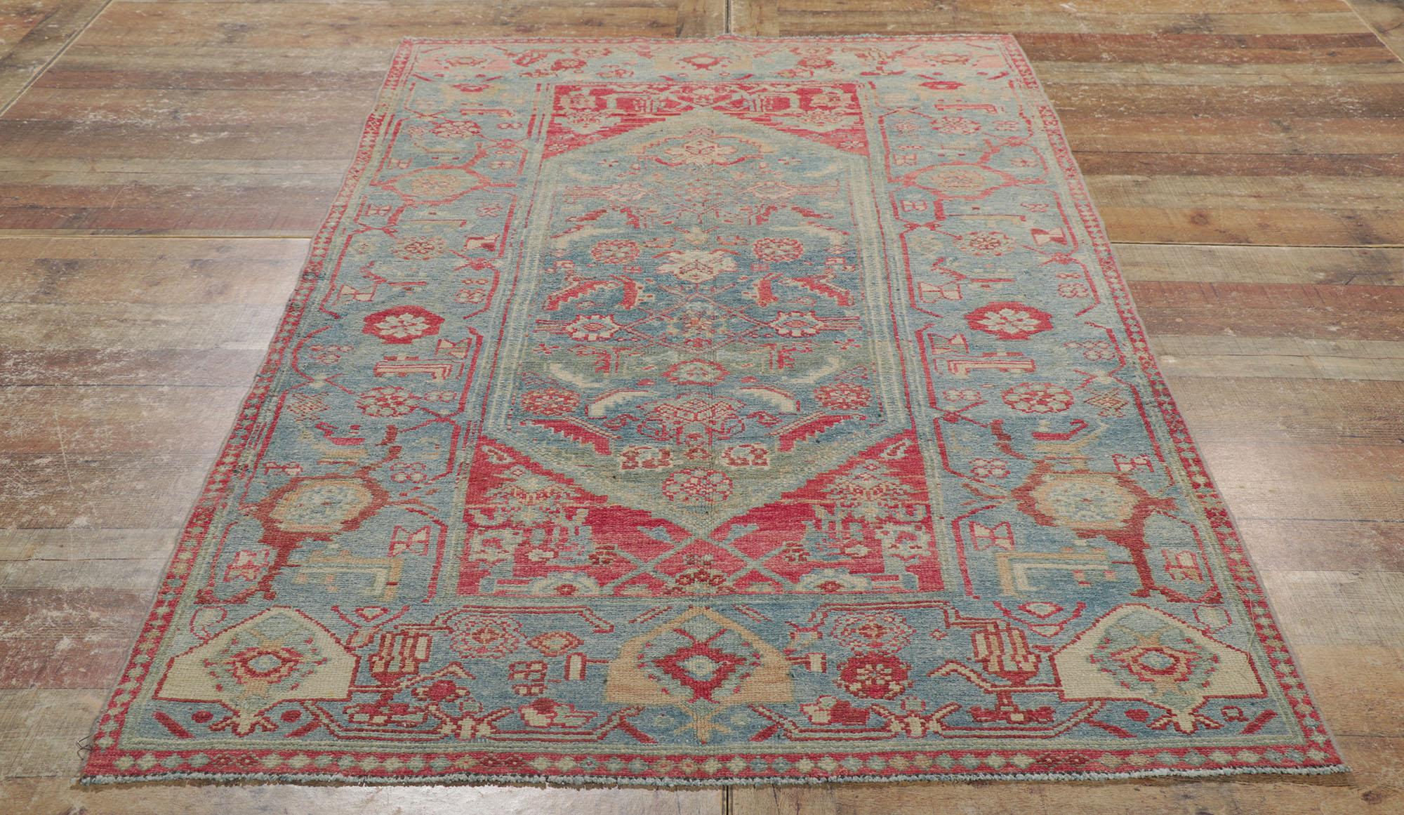 Pink and Blue Distressed Antique Persian Malayer Rug For Sale 1