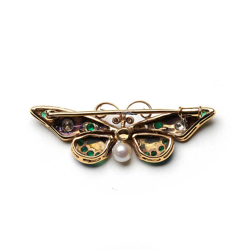 Round Cut Pink and Blue Enamel Pearl Emerald Diamond Gold Butterfly Brooch