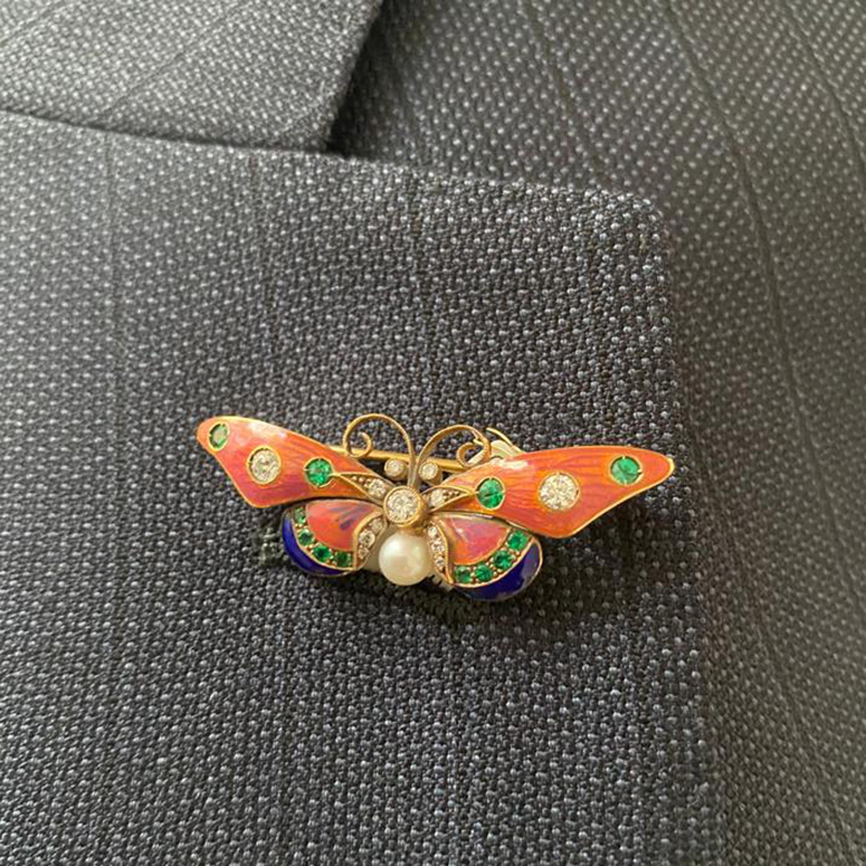 Women's or Men's Pink and Blue Enamel Pearl Emerald Diamond Gold Butterfly Brooch